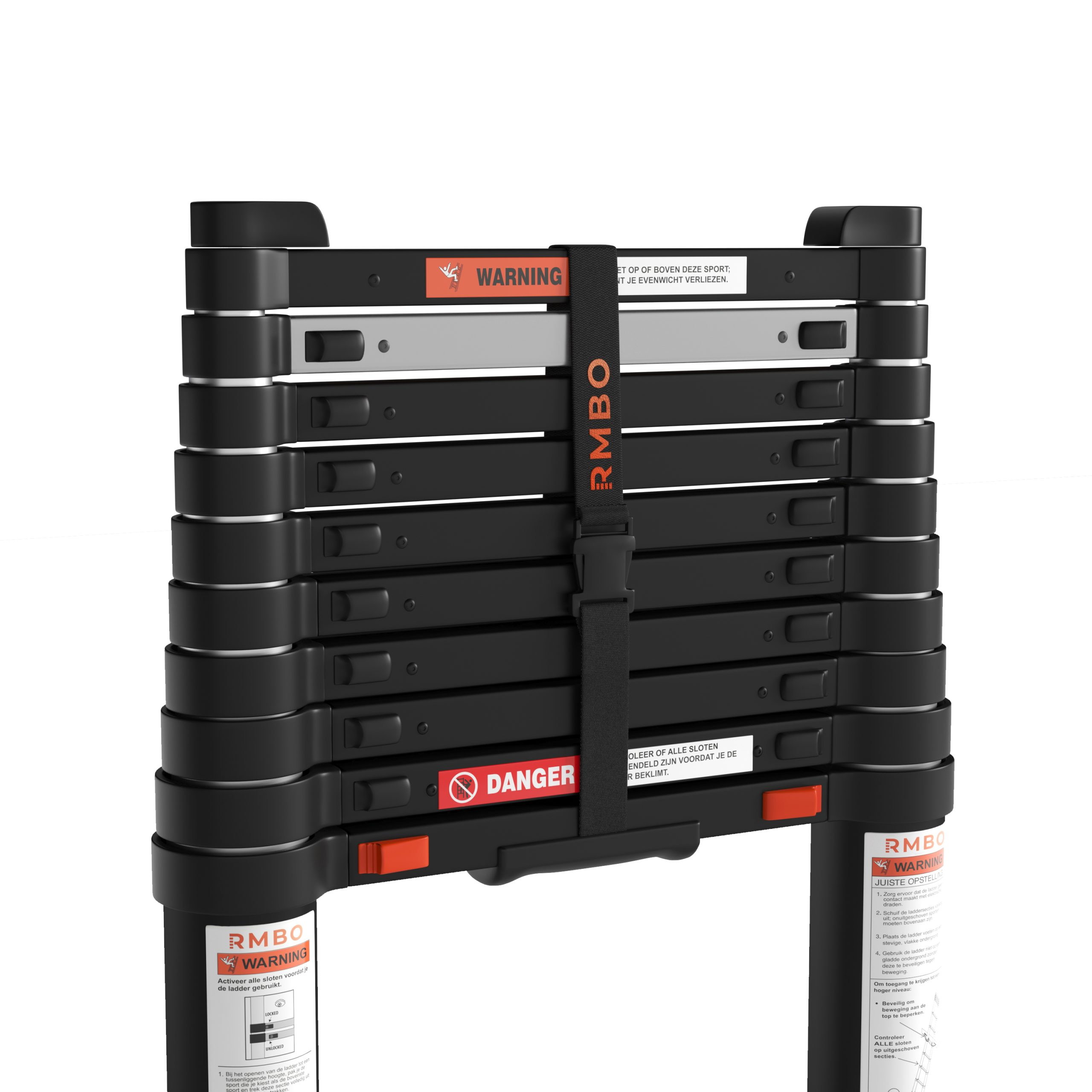 Black ladder with warnings. Warnings include danger and RMBO. The ladder is black with silver steps.