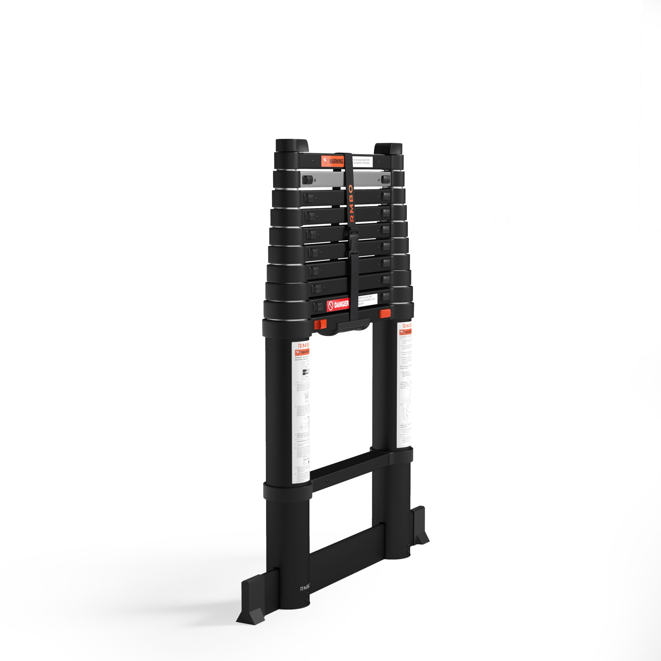 Black folding ladder on a white background. It has orange warning labels and the brand name is visible.