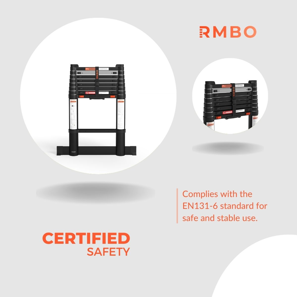 A black and orange folding ladder is displayed. The word "CERTIFIED SAFETY" is at the bottom. The RMBO logo is at the top.
