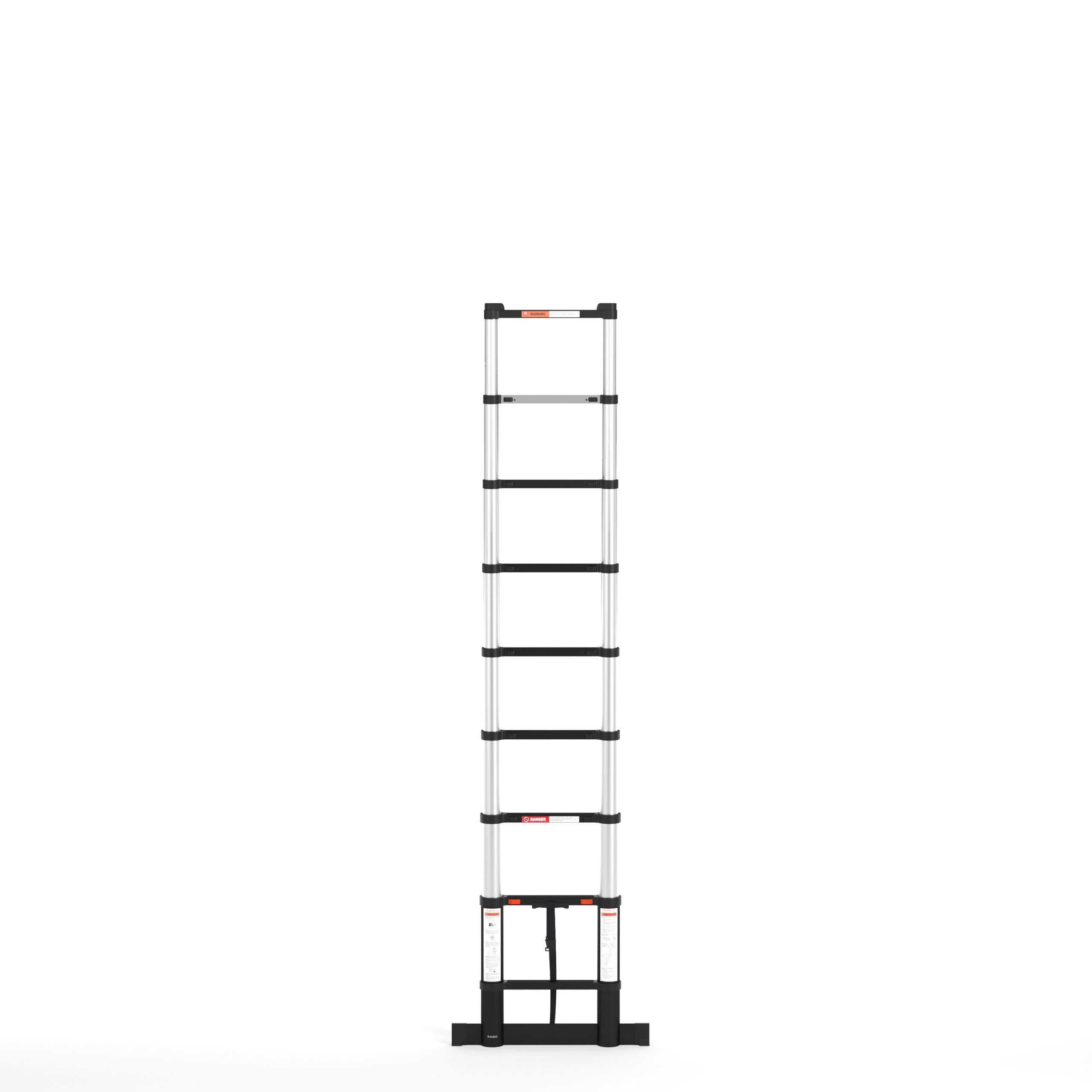 A silver and black telescoping ladder stands against a white background. It is fully extended and upright.