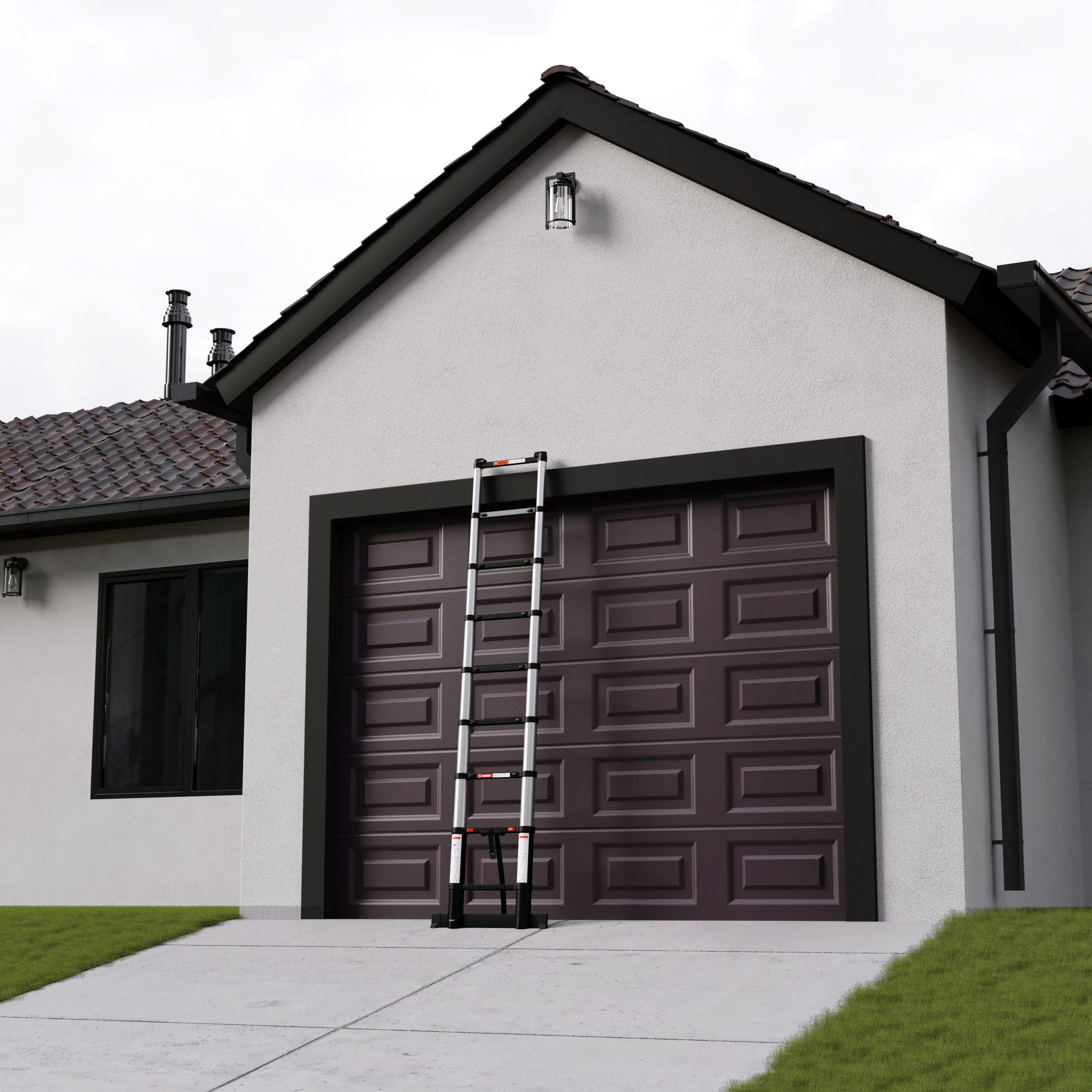 A house with a dark brown garage door and a ladder in front. Green grass on the sides and a cloudy sky above.