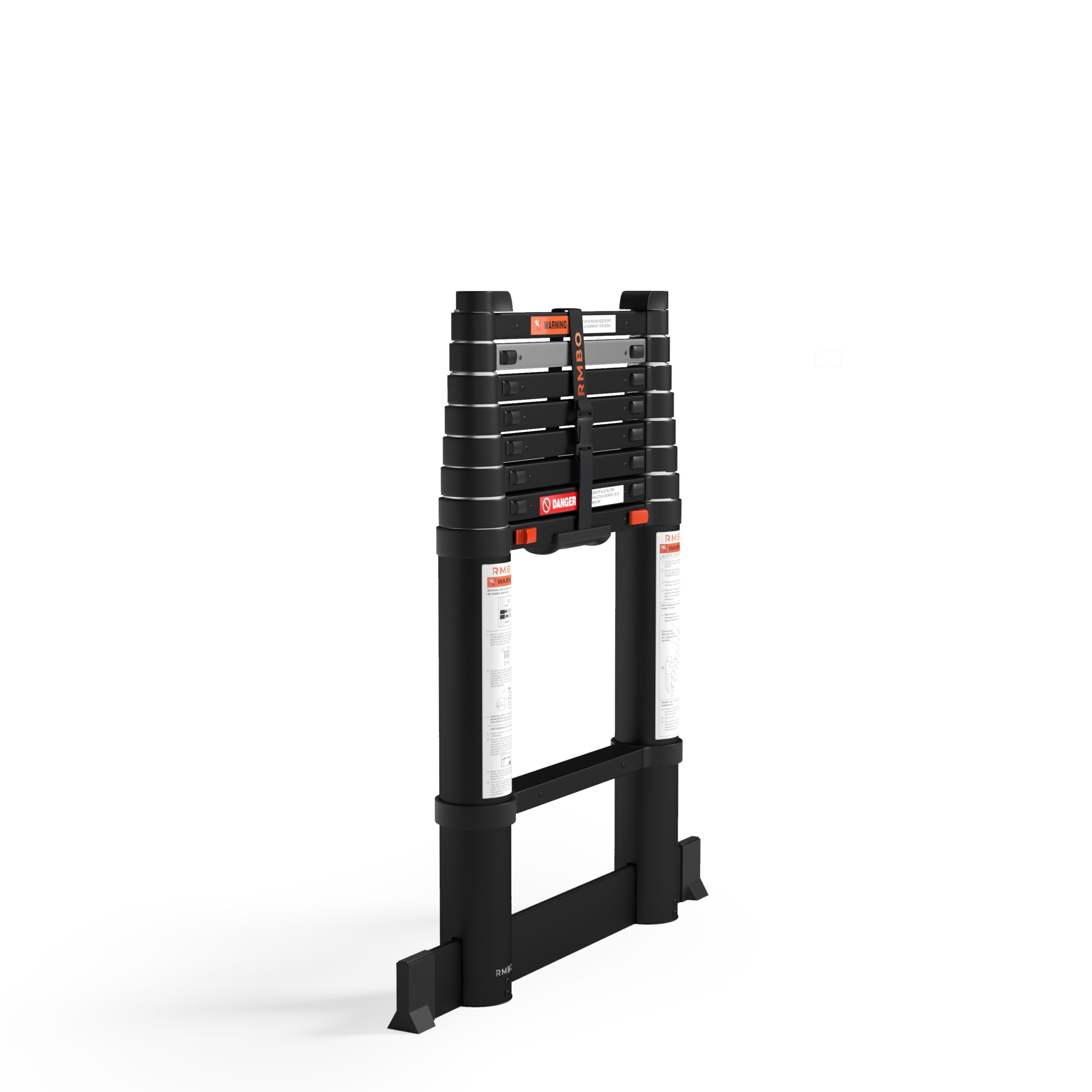 A black, foldable ladder with warning labels. Sections are stacked. The background is white.