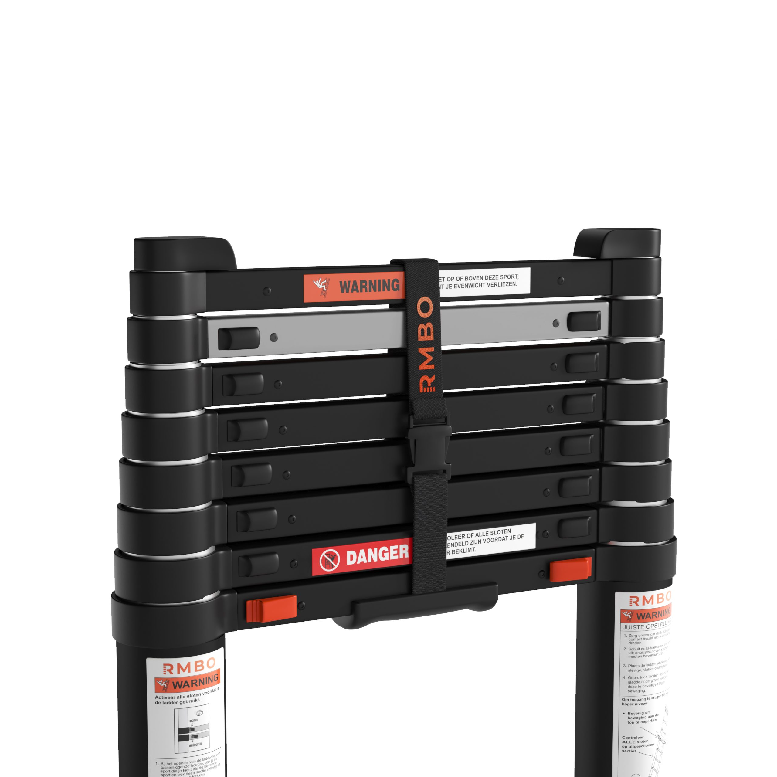Black folding ladder with warning labels. Red danger sign. Black straps and silver accents. White background.