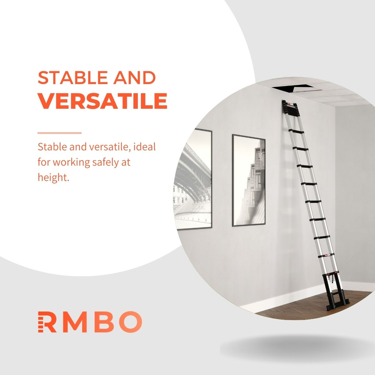 A silver ladder extends from floor to ceiling, near a white wall with two framed pictures. The top is near an open ceiling access.