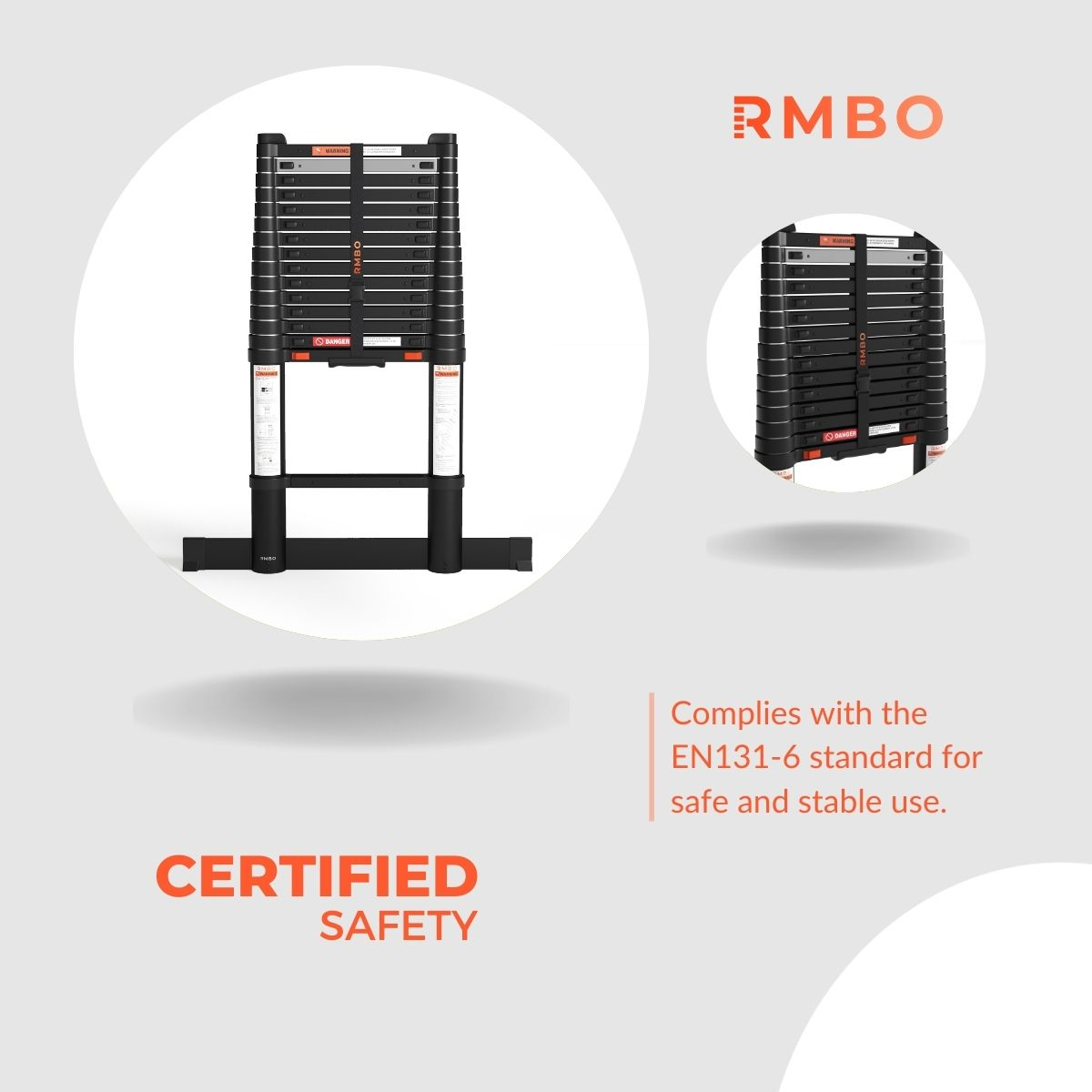 A black folding ladder in a white circle, with the text "CERTIFIED SAFETY" and "RMBO". It complies with EN131-6 standard.