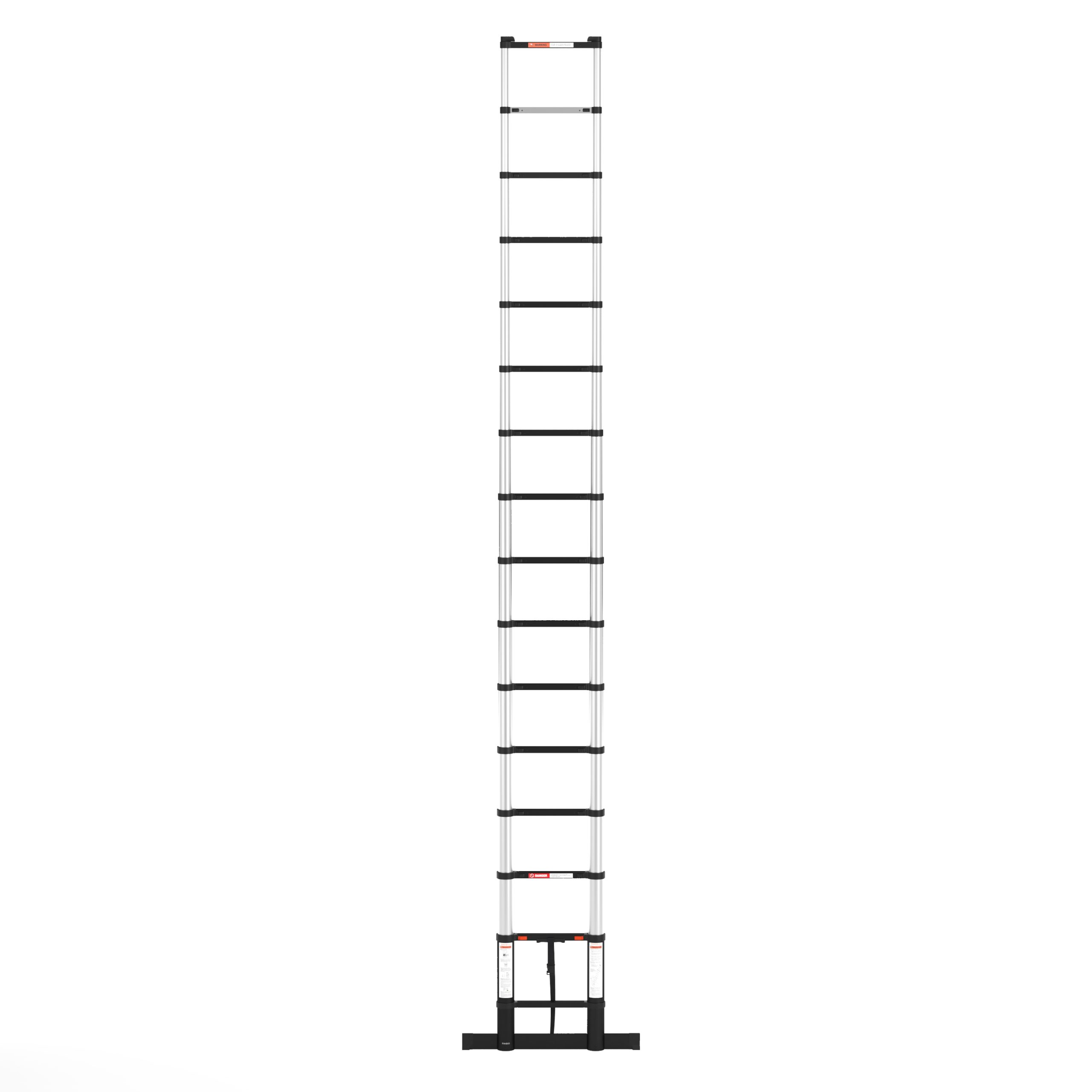 A tall, silver telescopic ladder is extended against a white background. Black rungs and joints are visible.