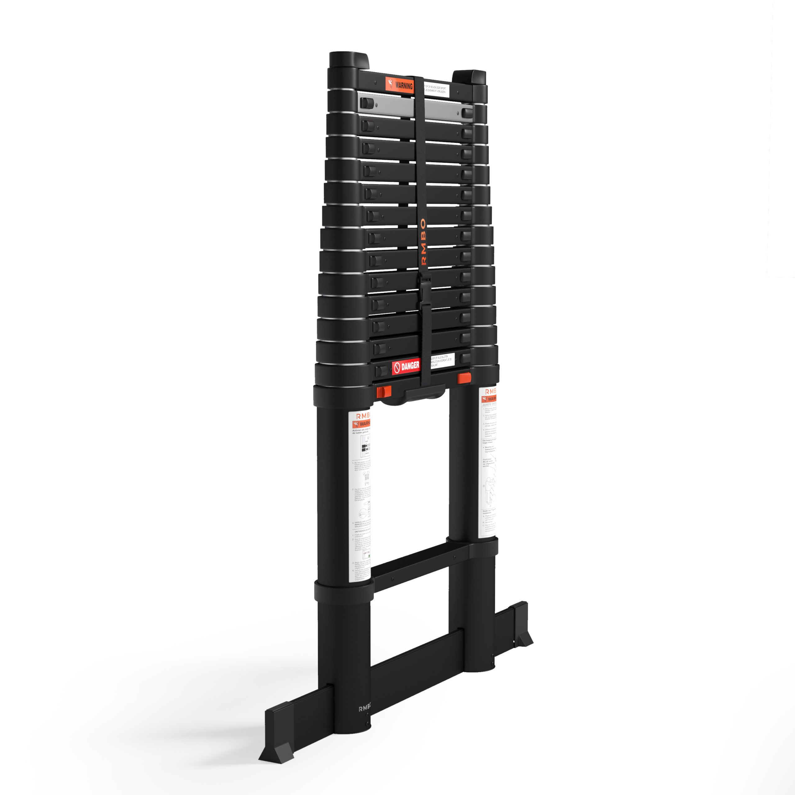 A black, foldable ladder. It has multiple steps, warning labels, and is on a white background.