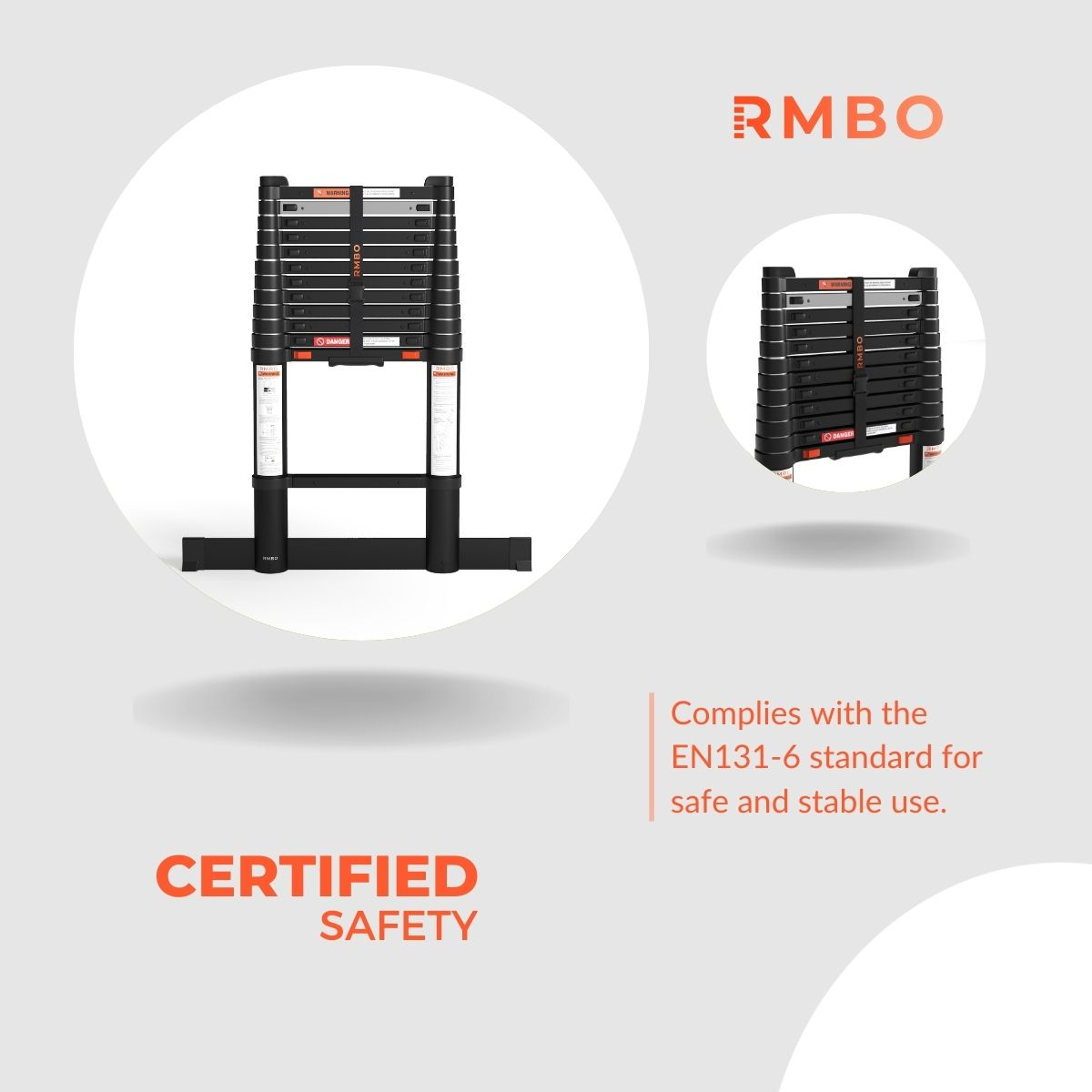 A black folding ladder is displayed on a white circle, with a smaller version on the right. Text: Certified Safety, RMBO, Complies with EN131-6.