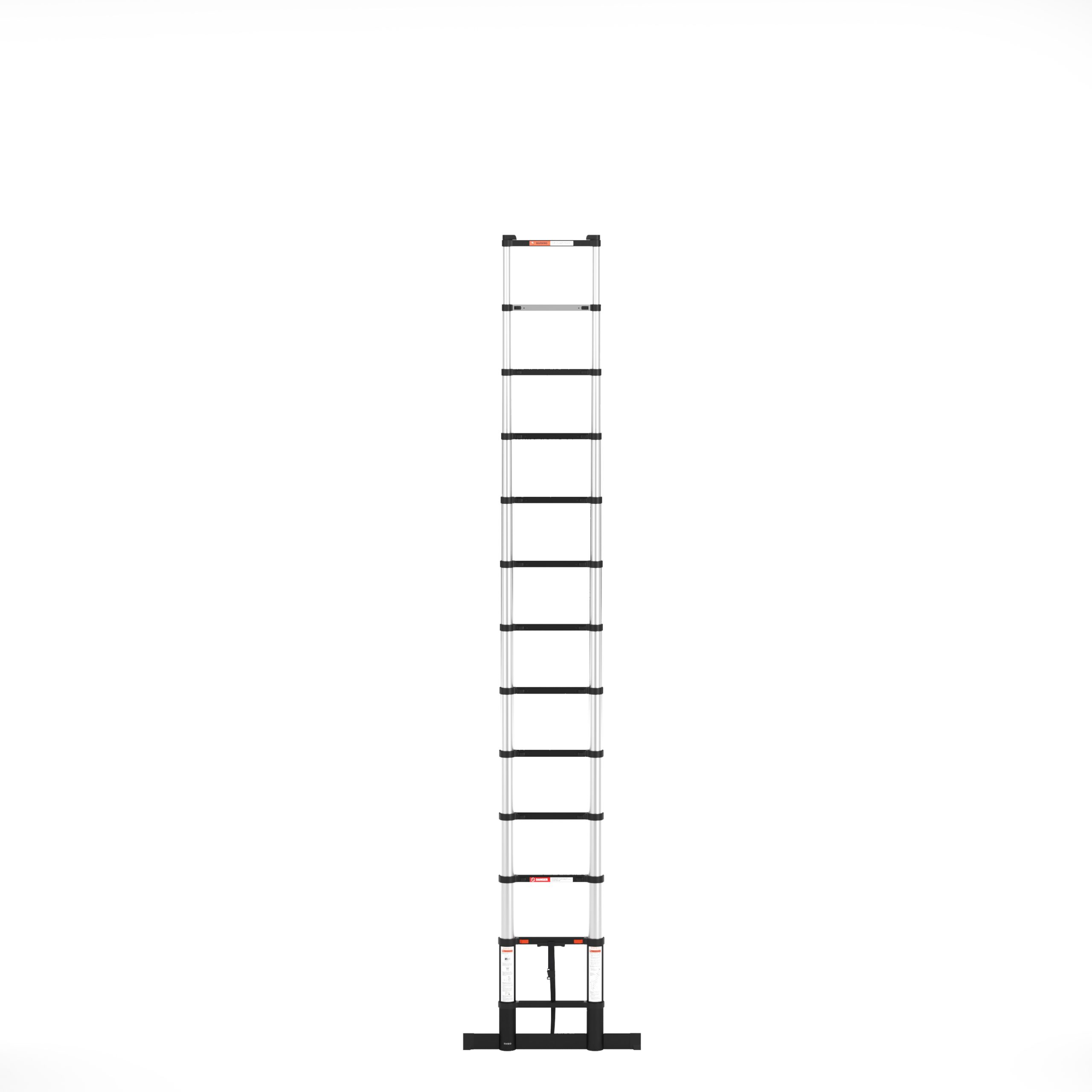 A tall, extendable silver ladder stands against a white background. It has black rungs and orange accents.