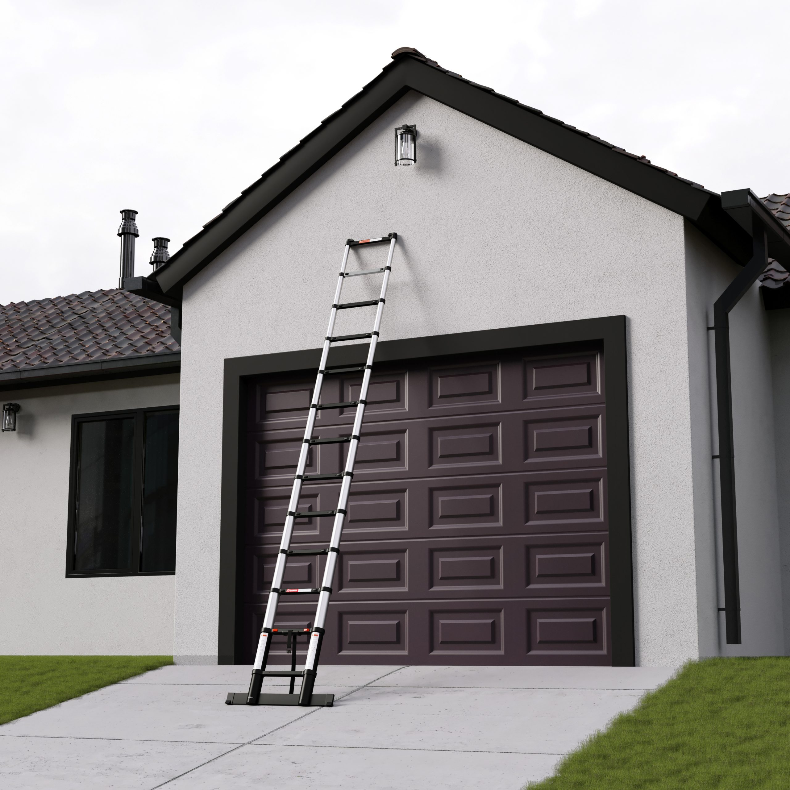 A ladder leans against a white house with a brown garage door. Green grass and a concrete path are in front.