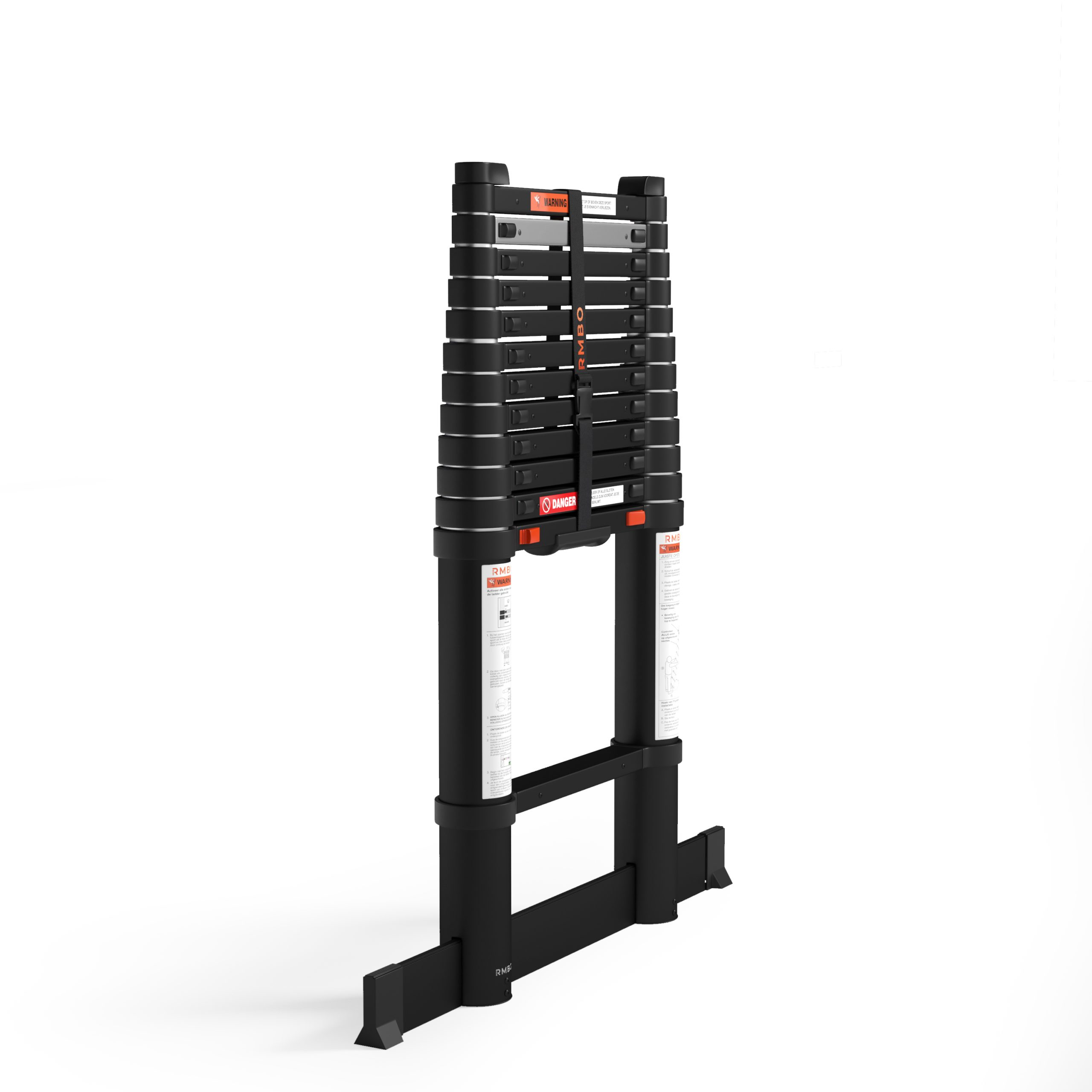 A black, foldable ladder stands against a white background, with warning labels and the brand name visible.