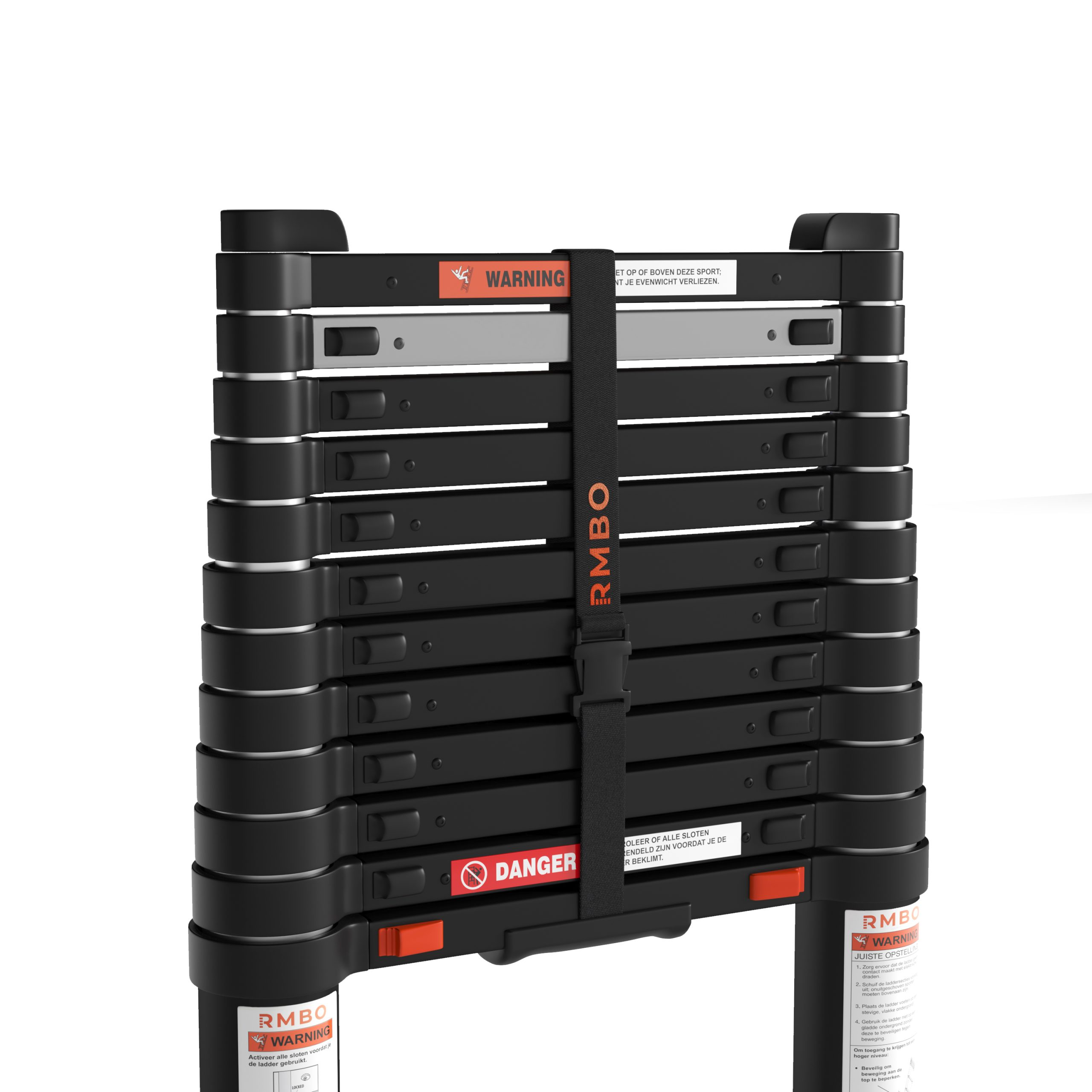 Black folding ladder with warning labels, a black strap, and red buttons. The ladder is against a white background.