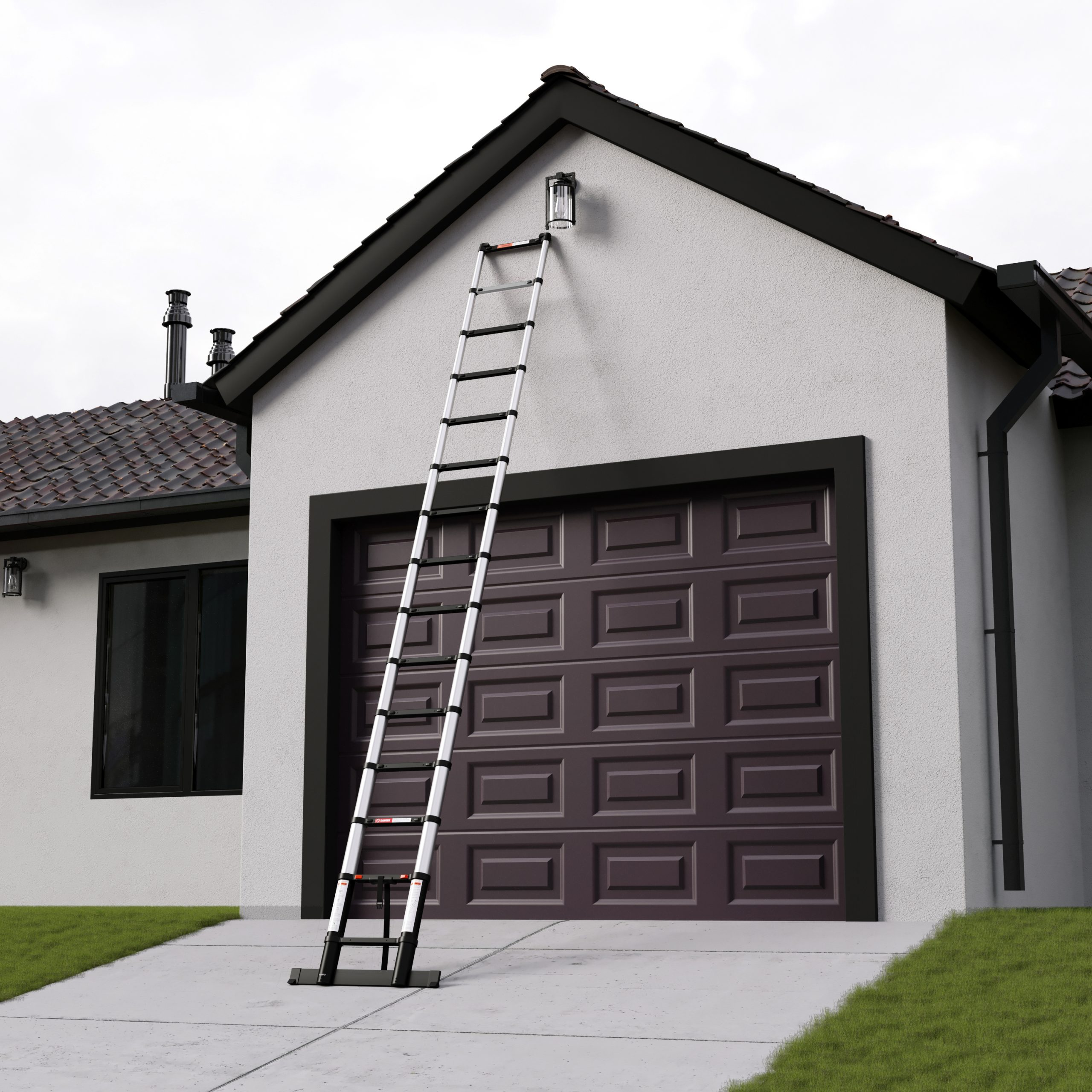 A ladder leans against a house with a dark brown garage door. The house has a white wall and black trim.