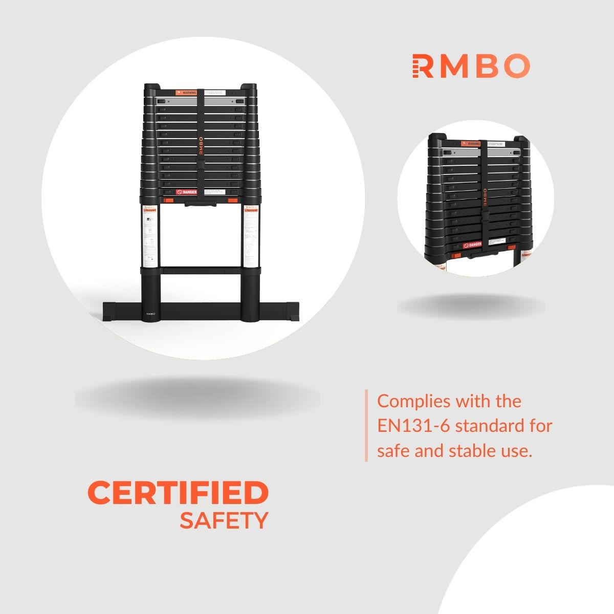 A black and silver telescoping ladder is displayed, with a smaller version in the background. The text reads 'Certified Safety' and 'RMBO'.