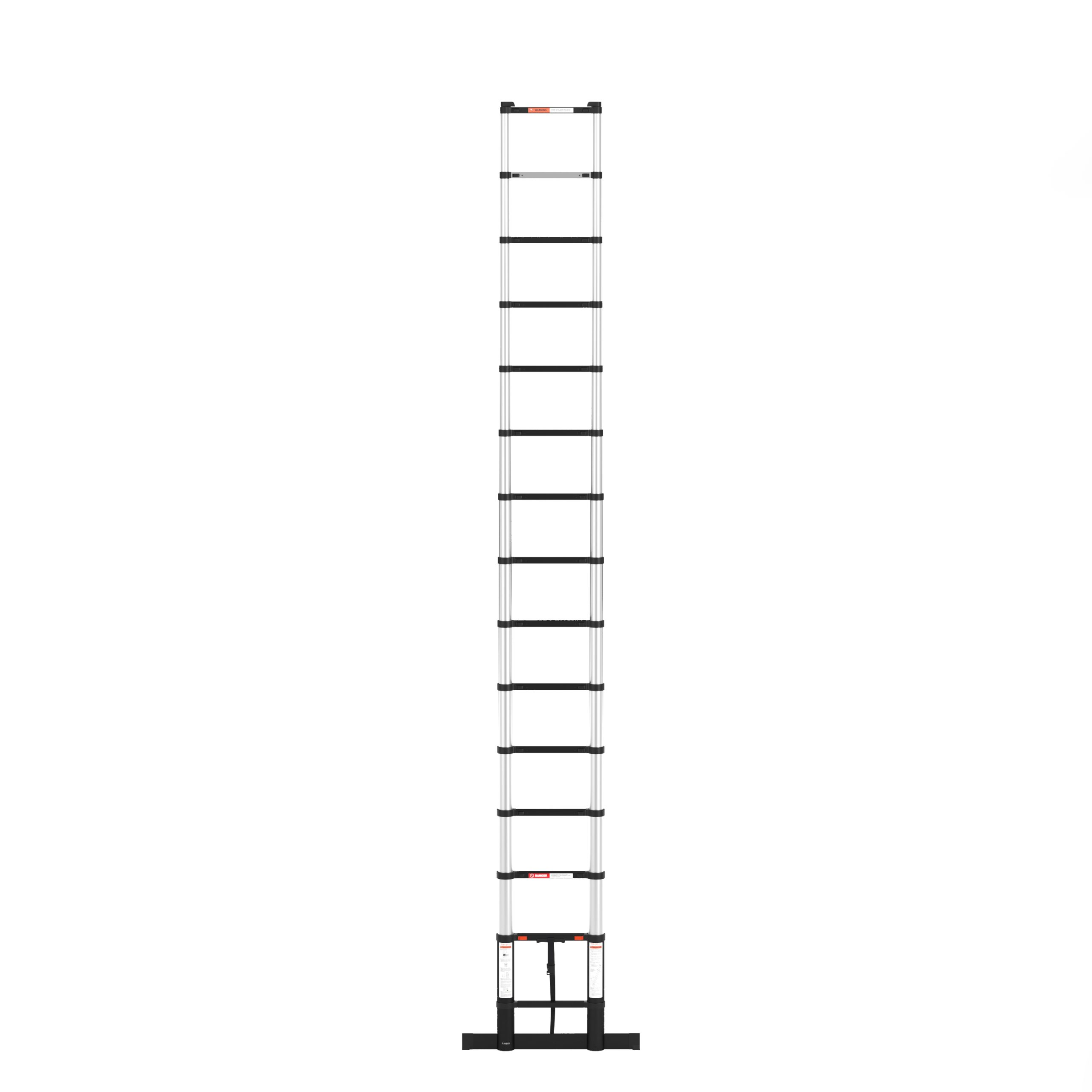 A tall, silver telescopic ladder extends vertically against a white background. Black rungs and safety bars are visible.