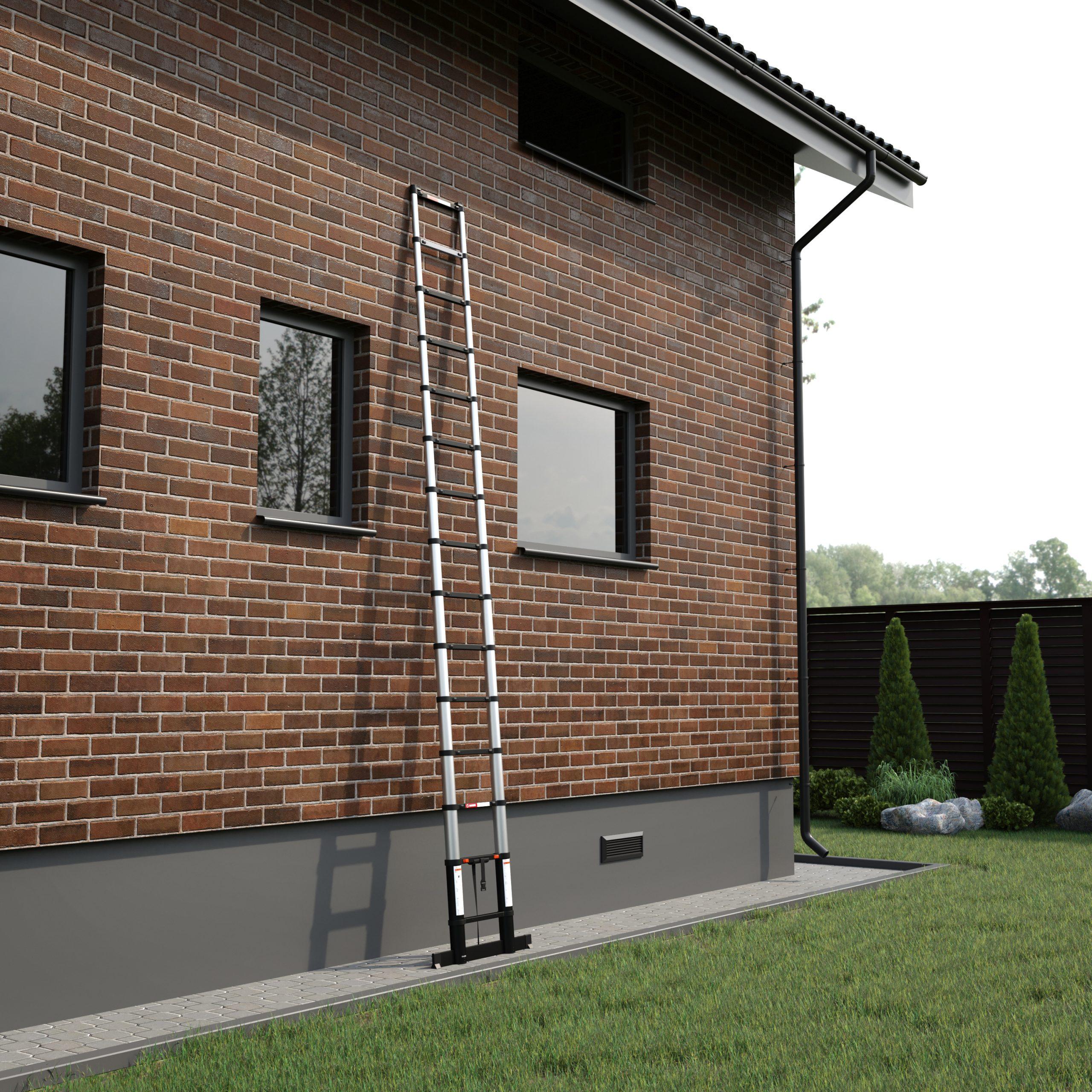 A ladder leans against a brick building with windows. Green grass and a fence are in the background.