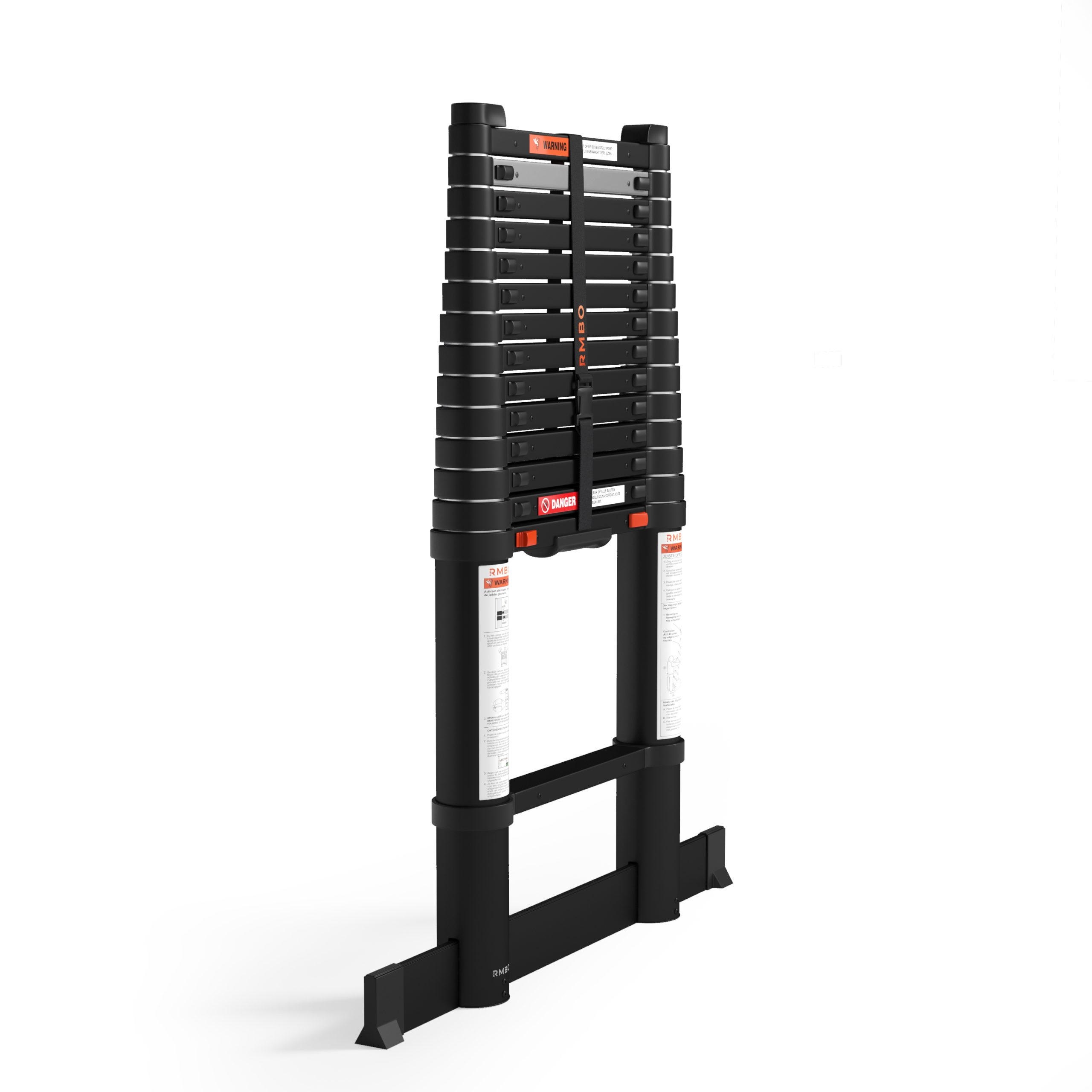 Black, foldable ladder against a white background. It has warning labels and the brand name RMB.