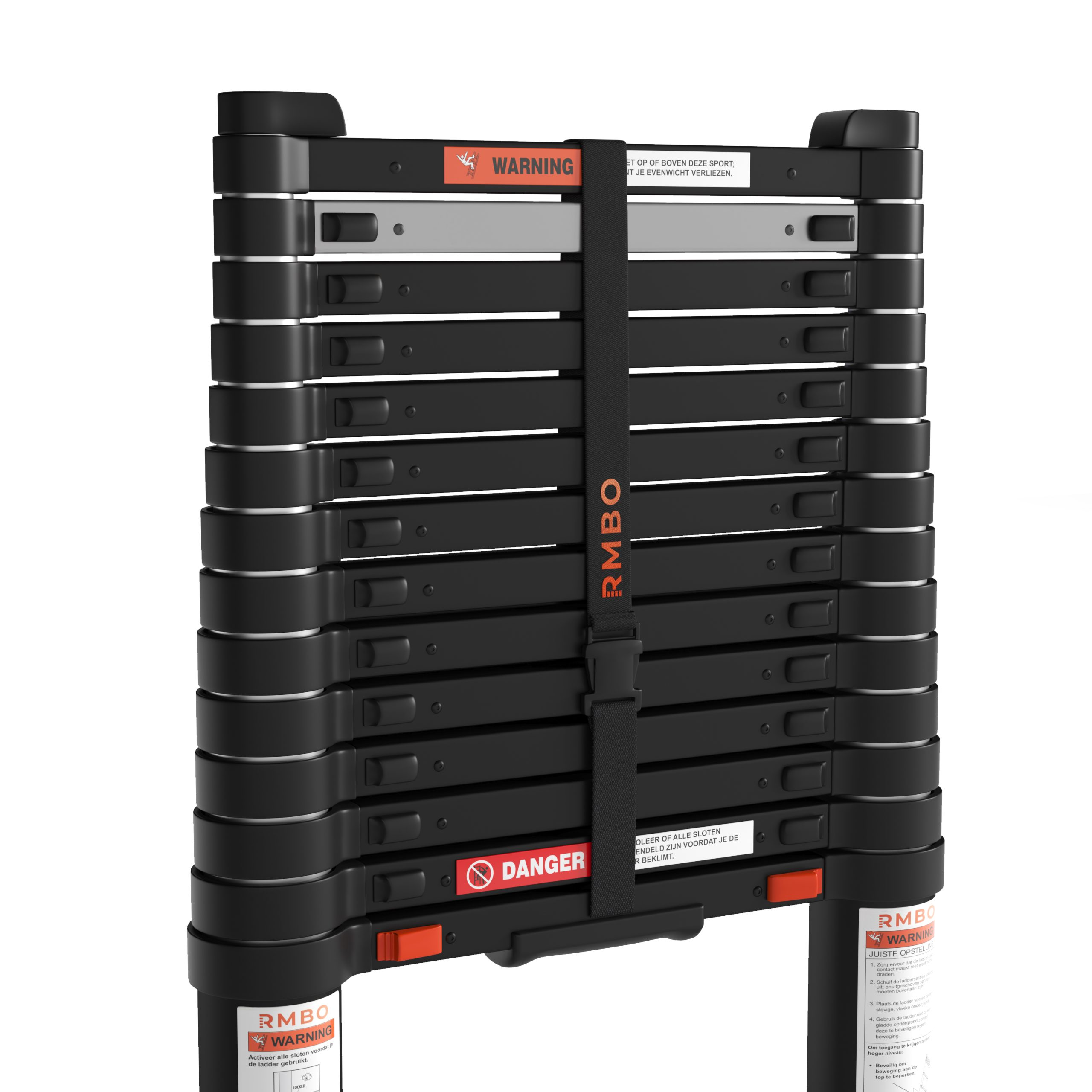 Black folding ladder with warning signs. A black strap secures the ladder. Orange and white warning labels are visible.