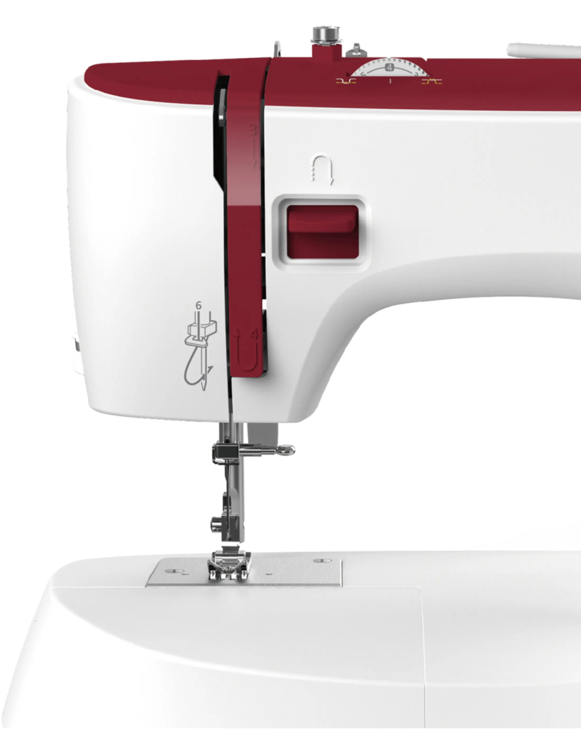 Close-up of a sewing machine. White and burgundy color scheme. Focus on the needle and settings.