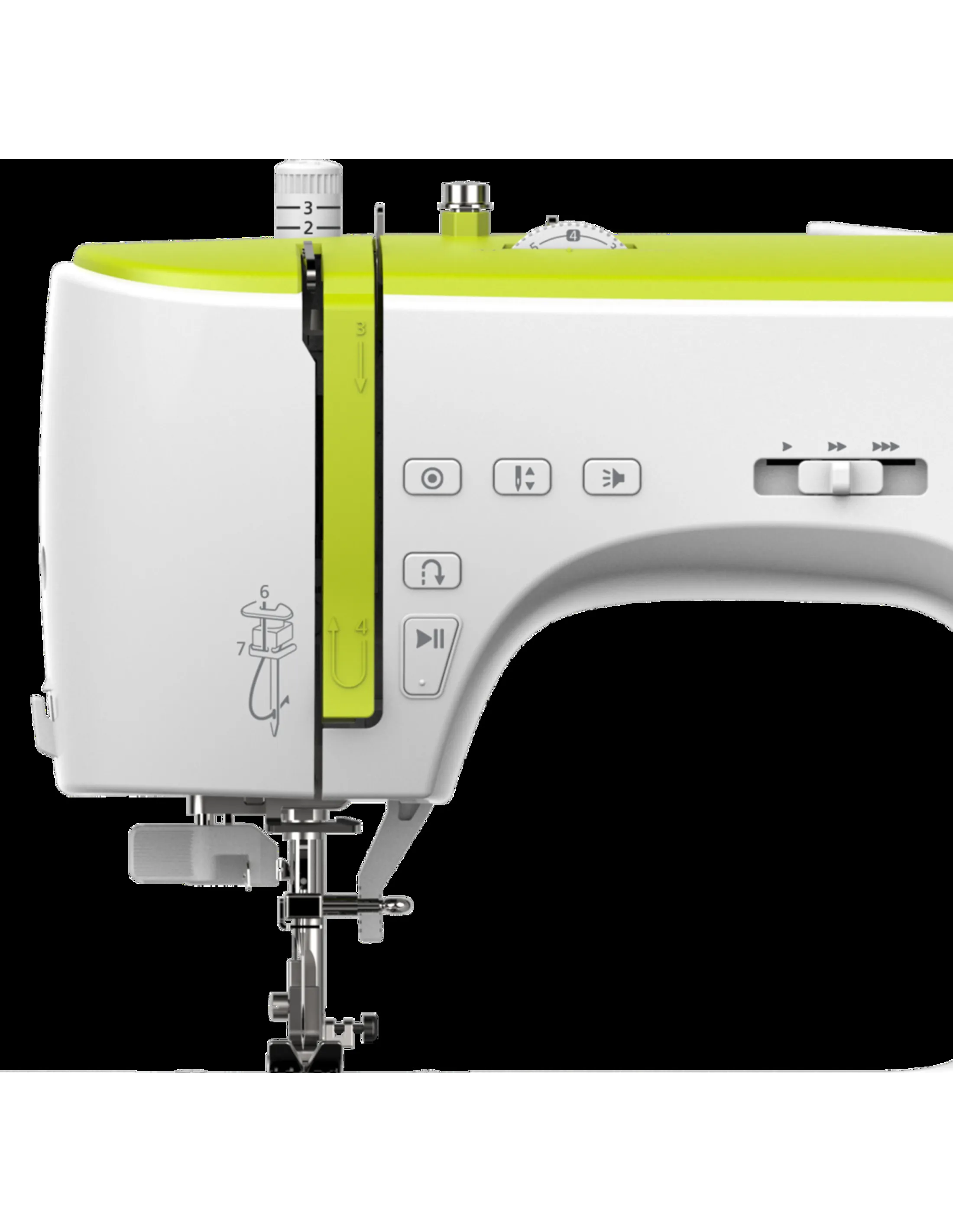 A white sewing machine with green accents. It has various buttons and dials for different functions.