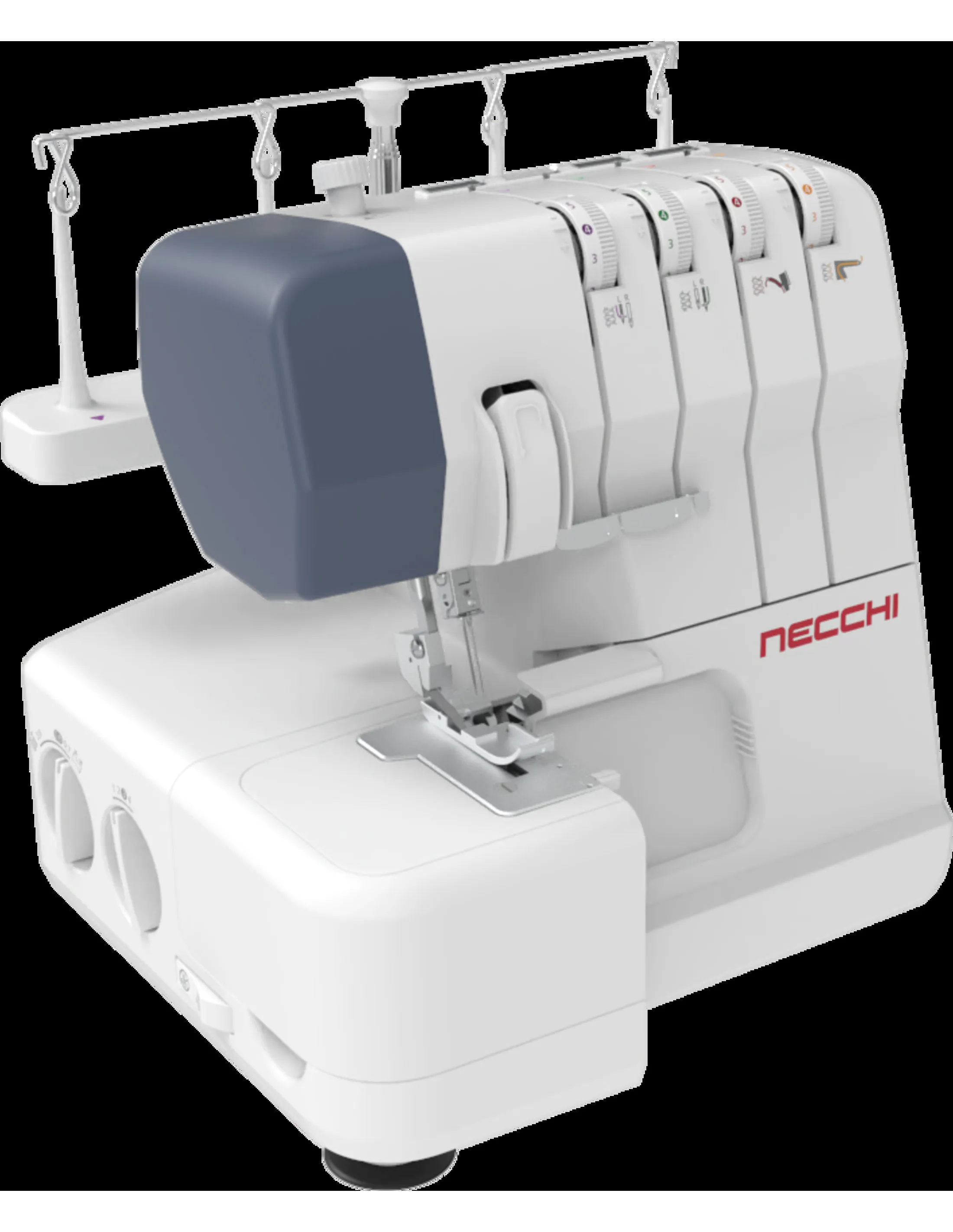 A white Necchi serger machine with a blue top. It has various dials and settings. The brand name is in red.