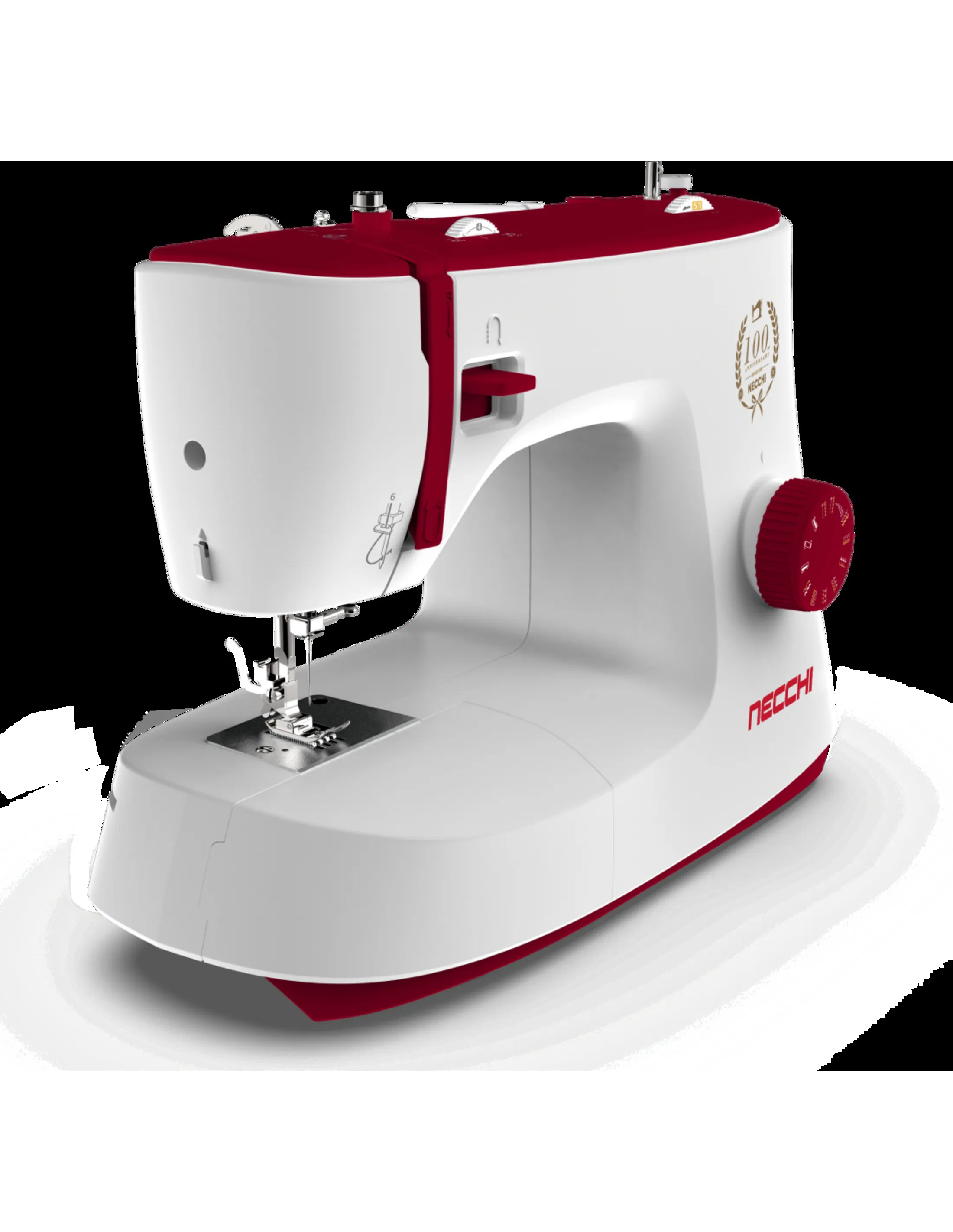 A white and red Necchi sewing machine. It has a round red dial and a needle plate. It is on a black background.