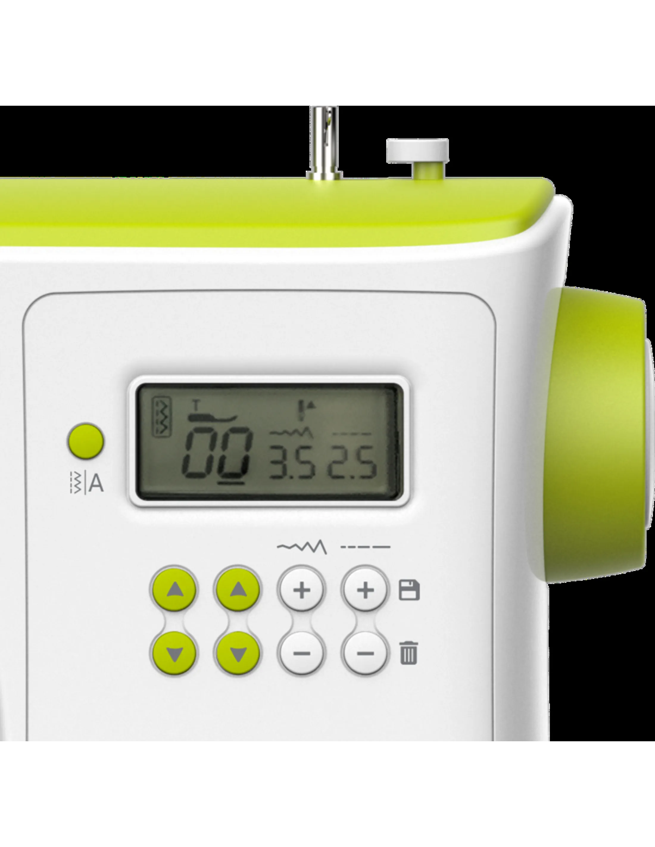 A white and green sewing machine. It has a digital display and several buttons. The background is black.