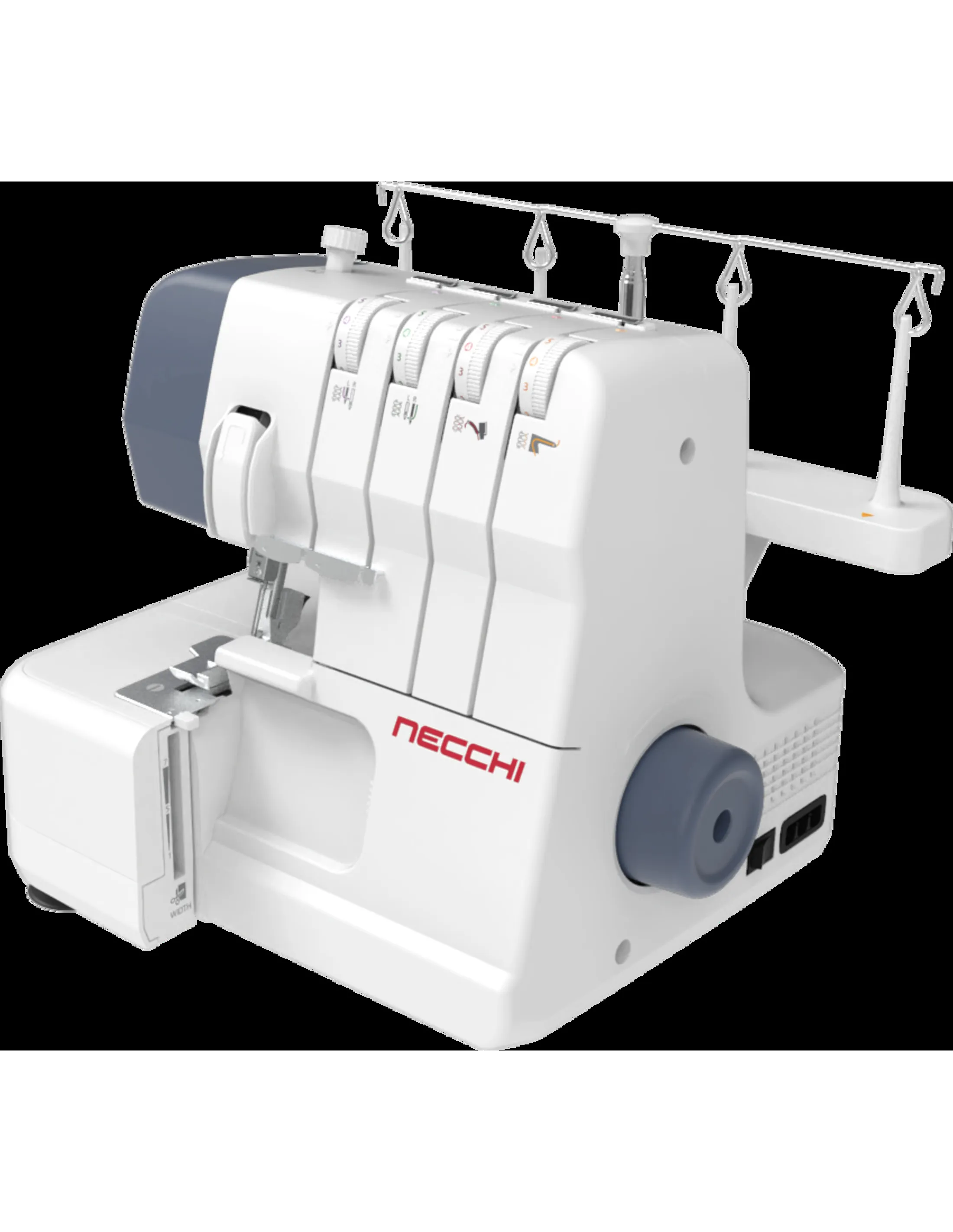 A white and gray Necchi serger machine, with dials, a needle, and thread guides, set against a black background.