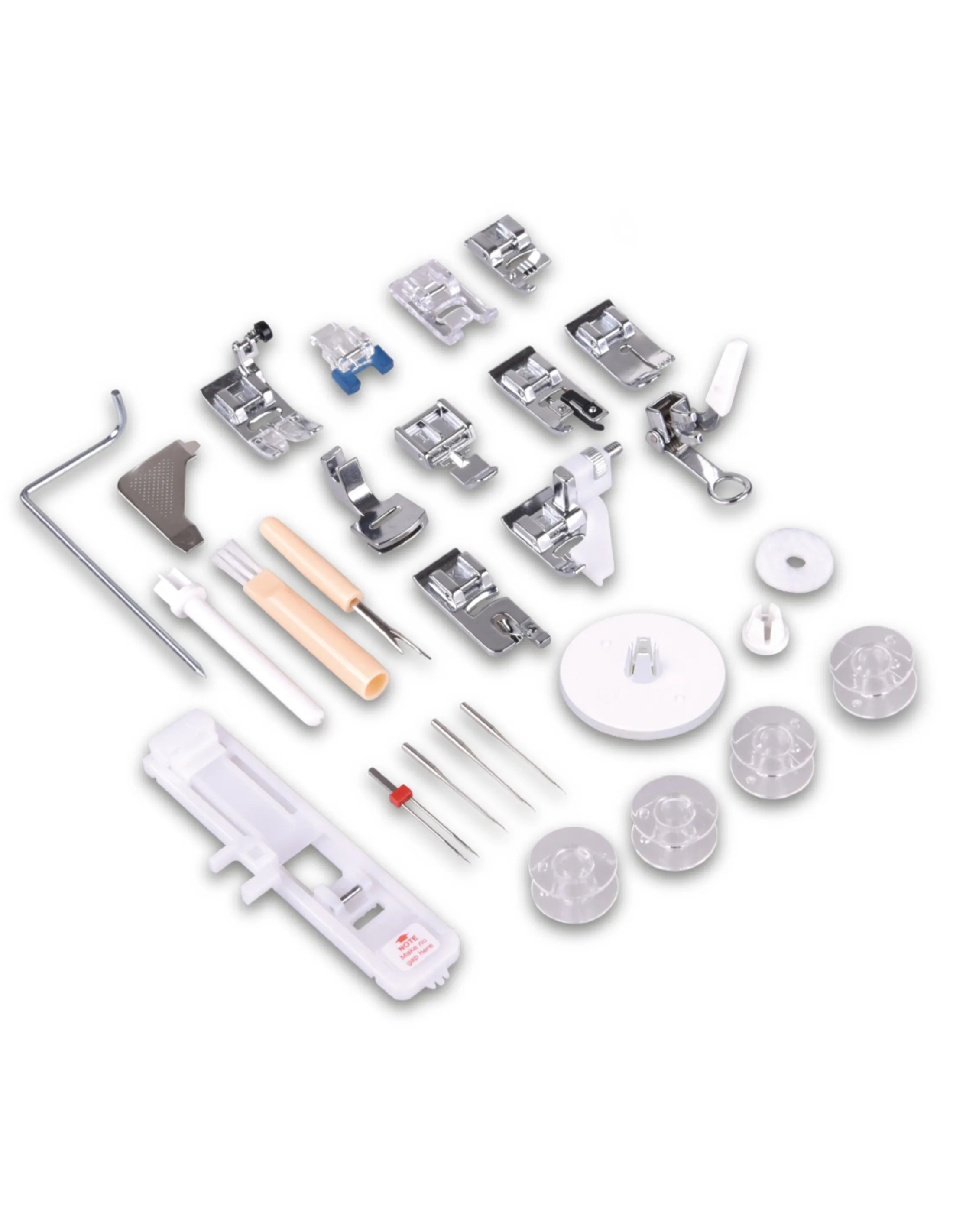 Various sewing machine feet and accessories are arranged on a white background, including needles, bobbins, and a buttonhole foot.
