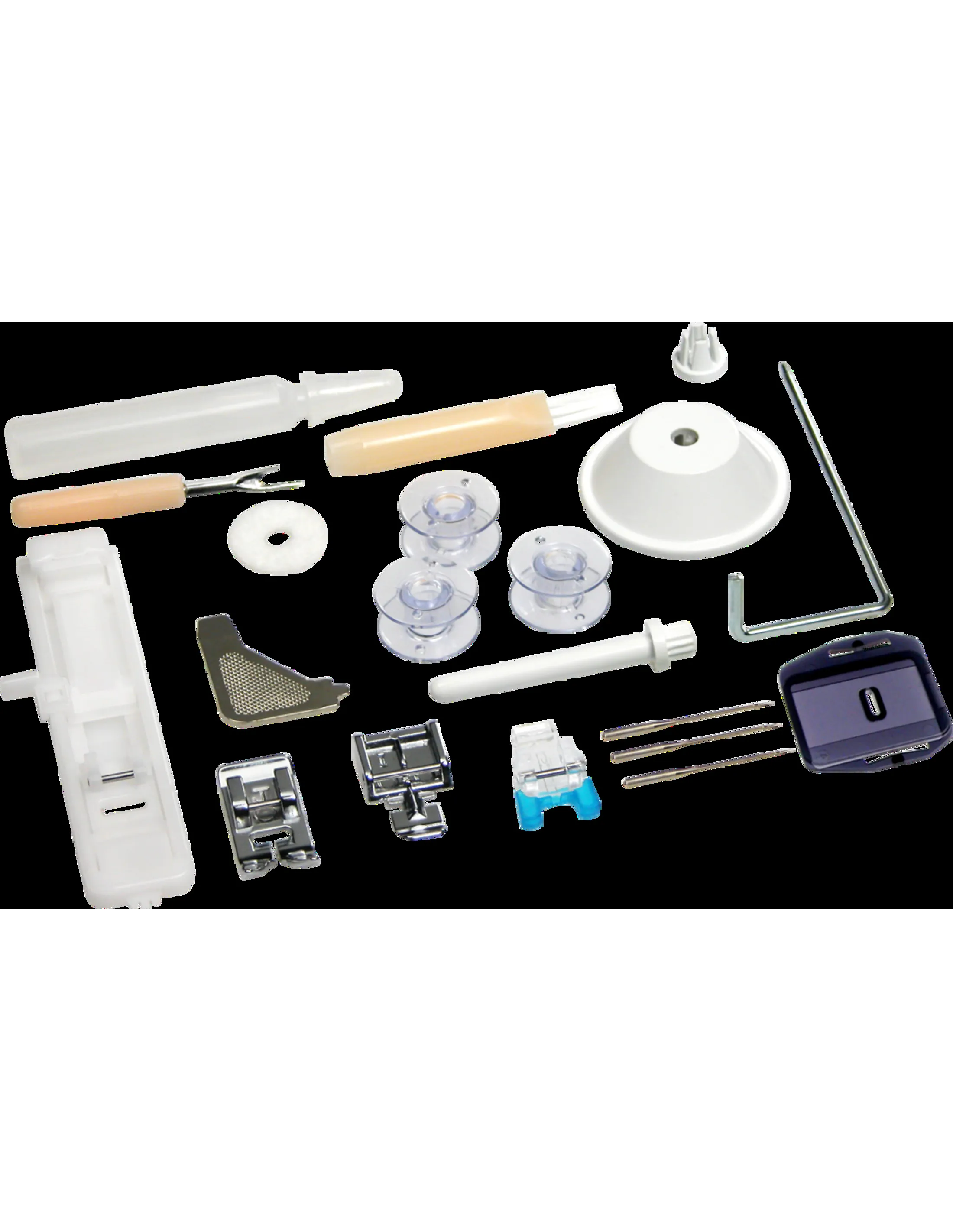 Various white sewing machine accessories on a black background, including bobbins, needles, and presser feet.