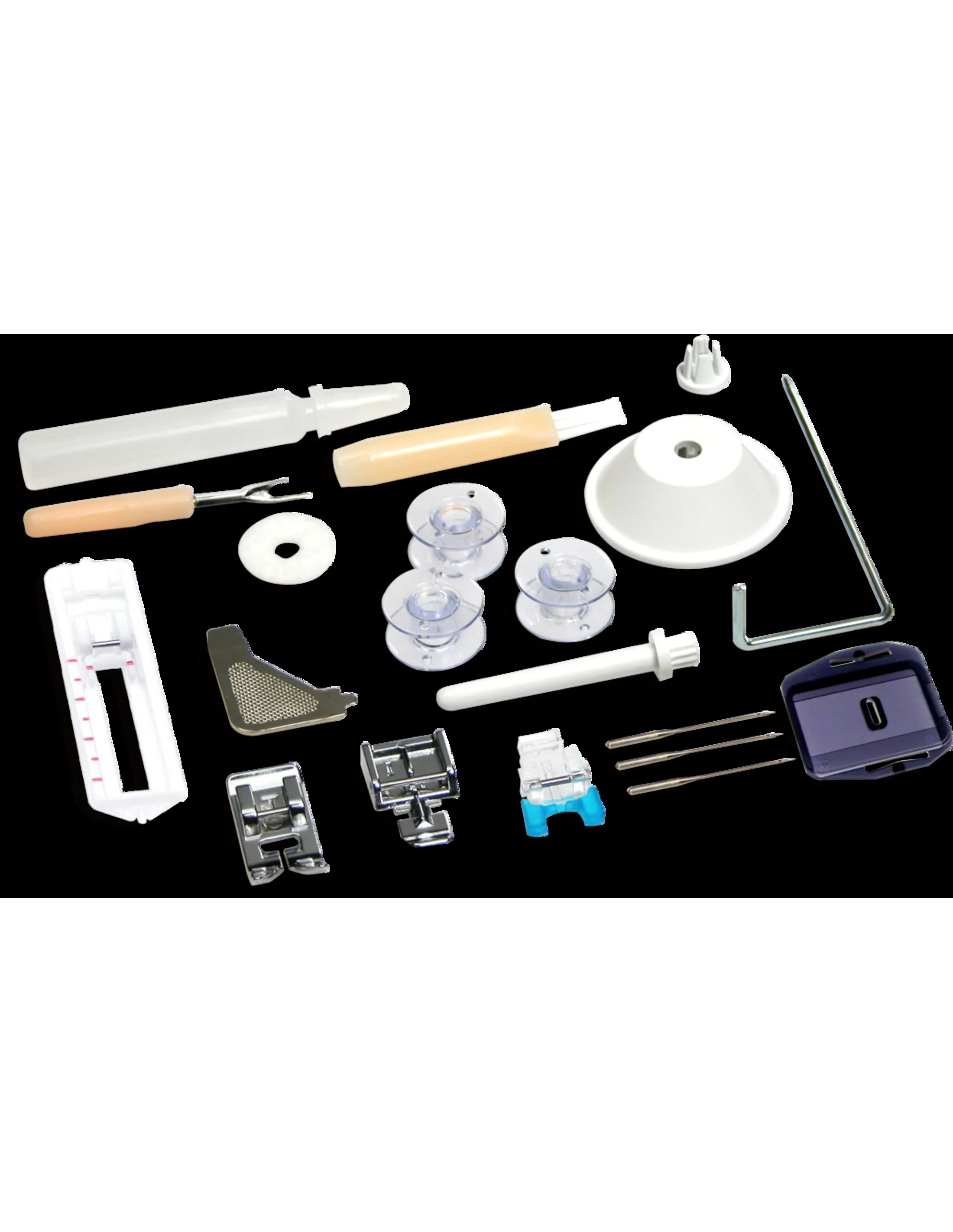 Various sewing machine accessories on a black background, including bobbins, needles, and presser feet.