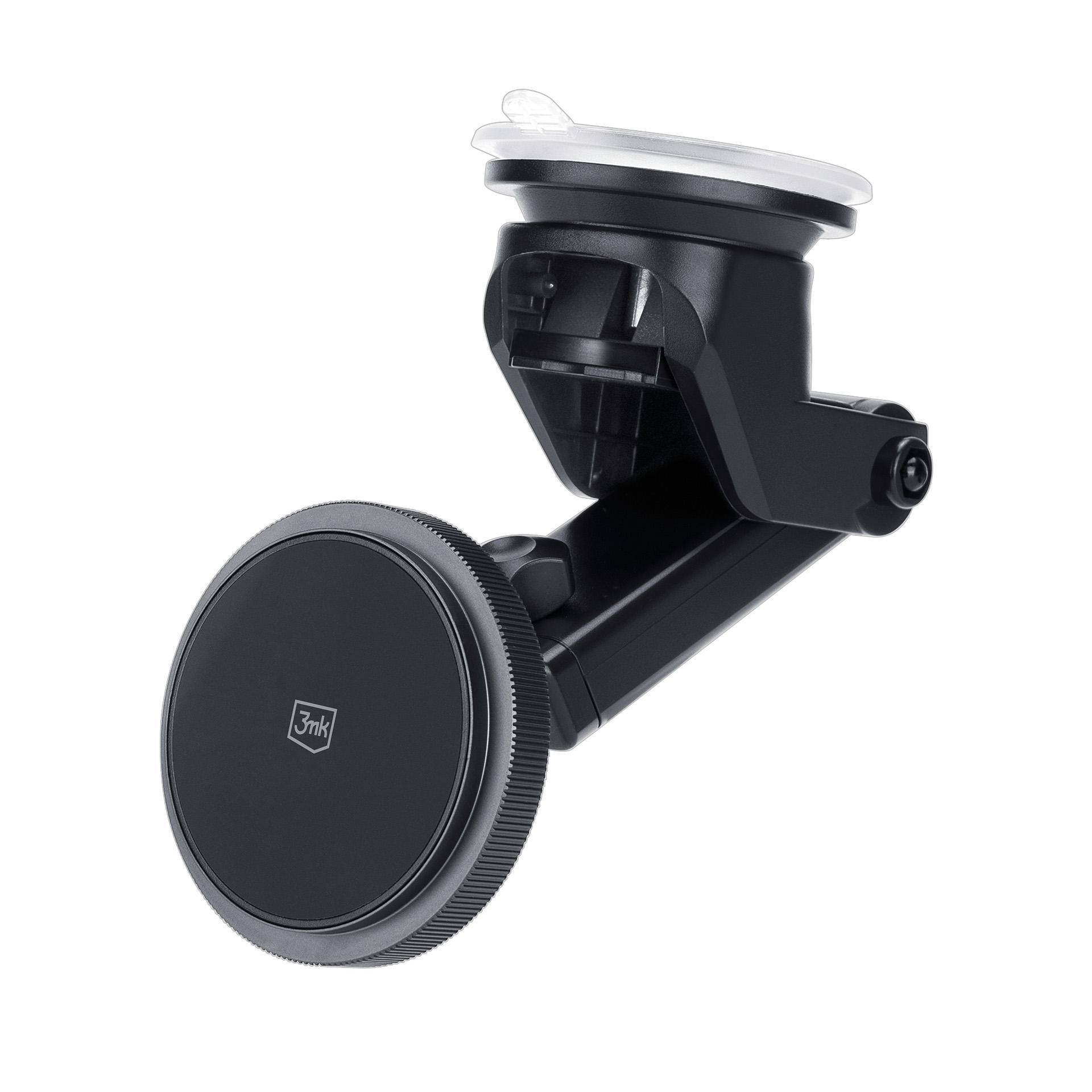 Czarny uchwyt samochodowy na telefon. Posiada przyssawkę, regulowane ramię i dysk magnetyczny.