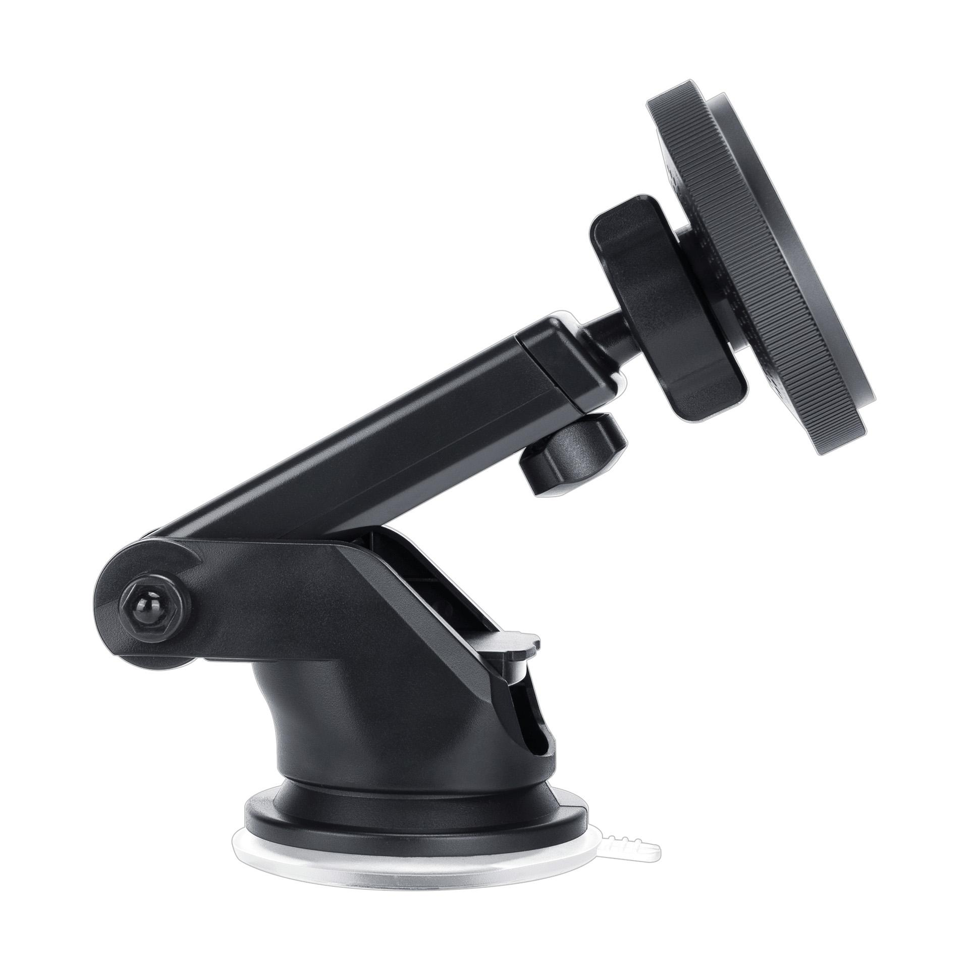 Czarny uchwyt do telefonu samochodowego. Ma podstawę z przyssawką i regulowane ramię. Uchwyt na białym tle.