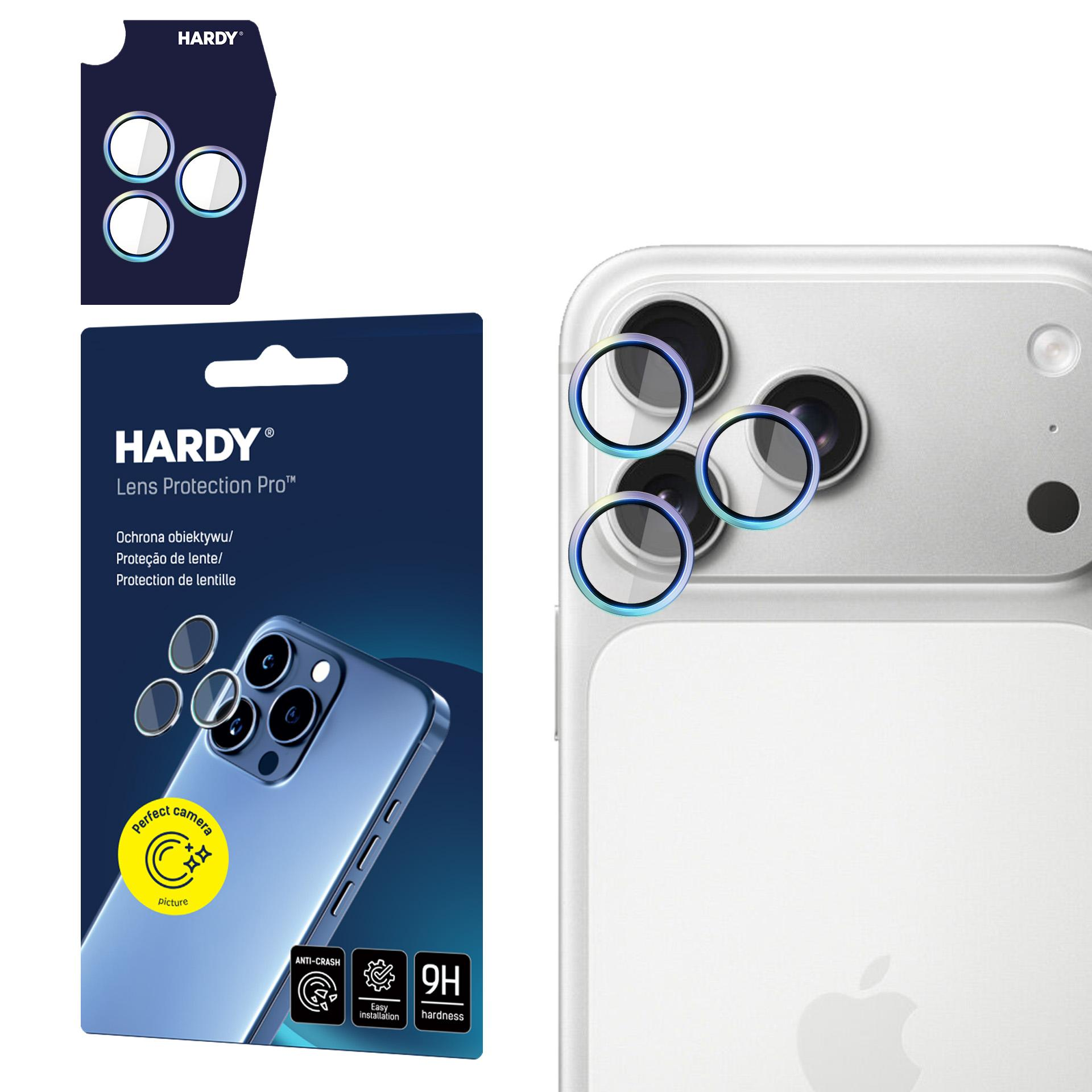 L'immagine mostra un telefono con protezioni per lenti e una confezione del prodotto. La confezione presenta il logo 'HARDY' e informazioni sulla protezione delle lenti.