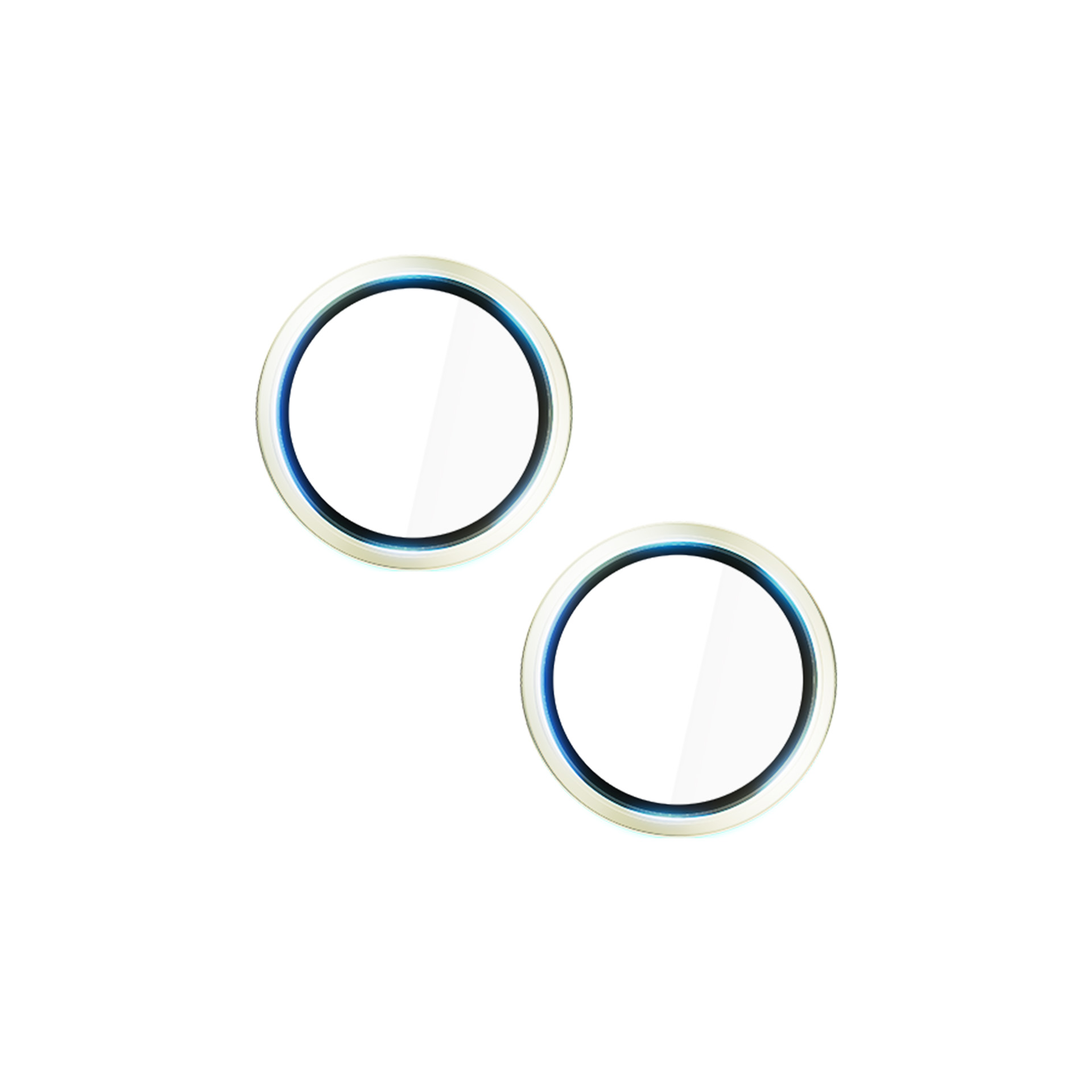 Due oggetti circolari con centro trasparente, circondati da un anello beige chiaro, blu e nero. Sfondo bianco.