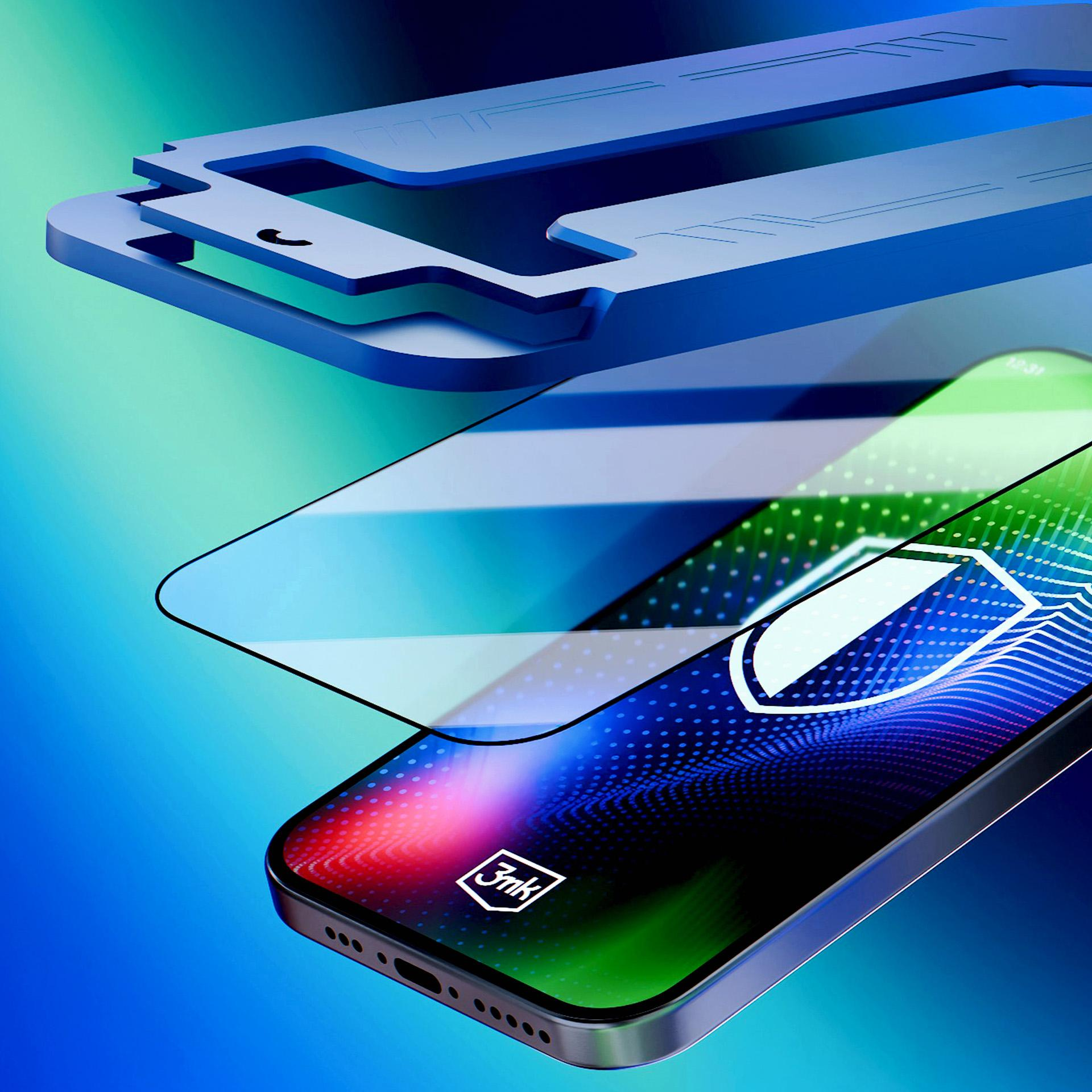 Telefon z ochroną ekranu i niebieską ramką instalacyjną. Telefon jest na gradientowym niebieskim tle.