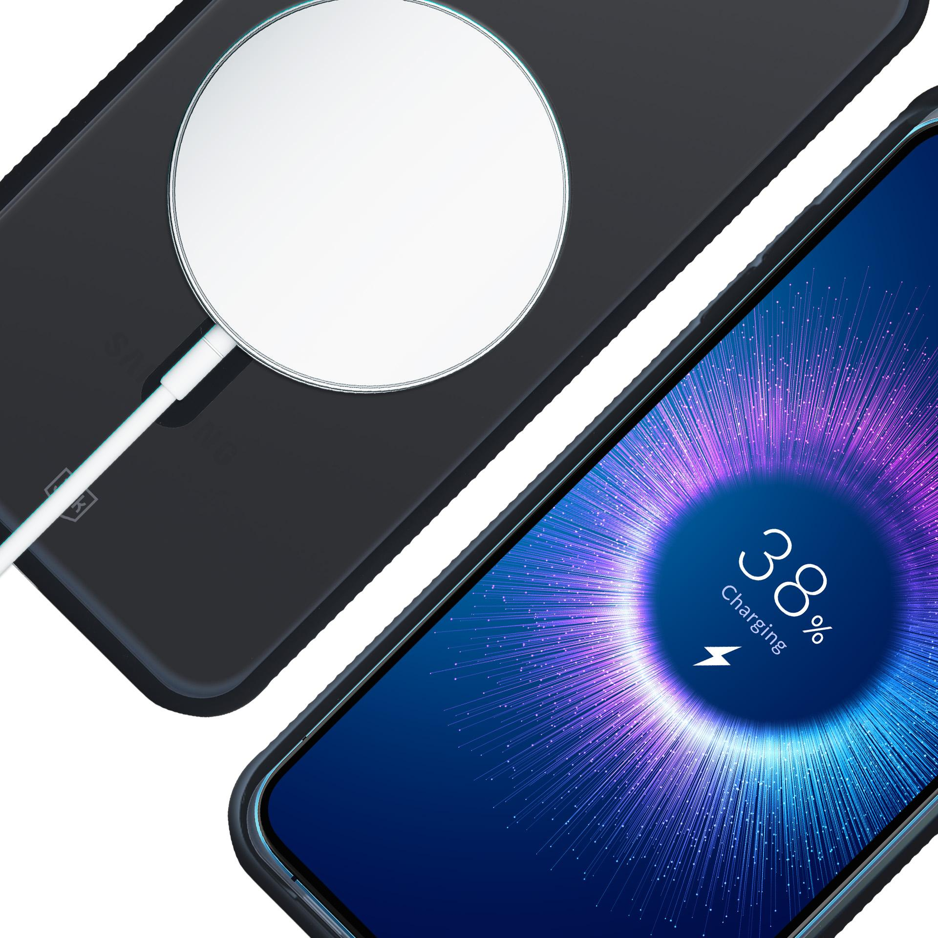 Un telefono si ricarica in modalità wireless su un pad nero. Il telefono mostra il 38% di carica. È visibile anche un pad di ricarica bianco.