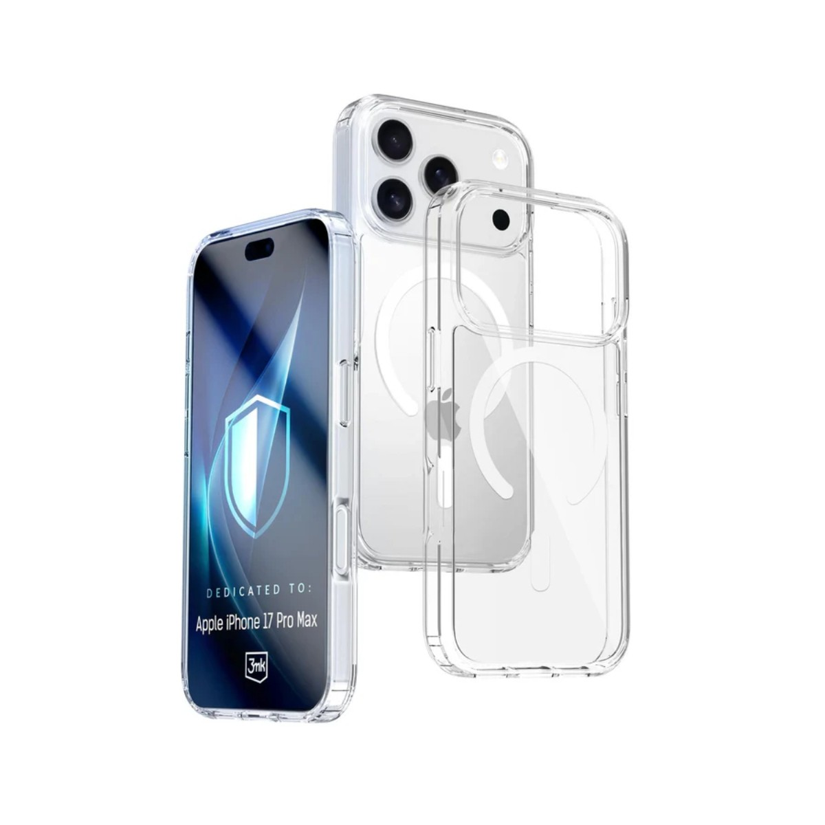 Trzy przezroczyste etui na telefon i telefon. Ekran telefonu wyświetla tekst 'Apple iPhone 17 Pro Max'. Obudowy są przezroczyste.