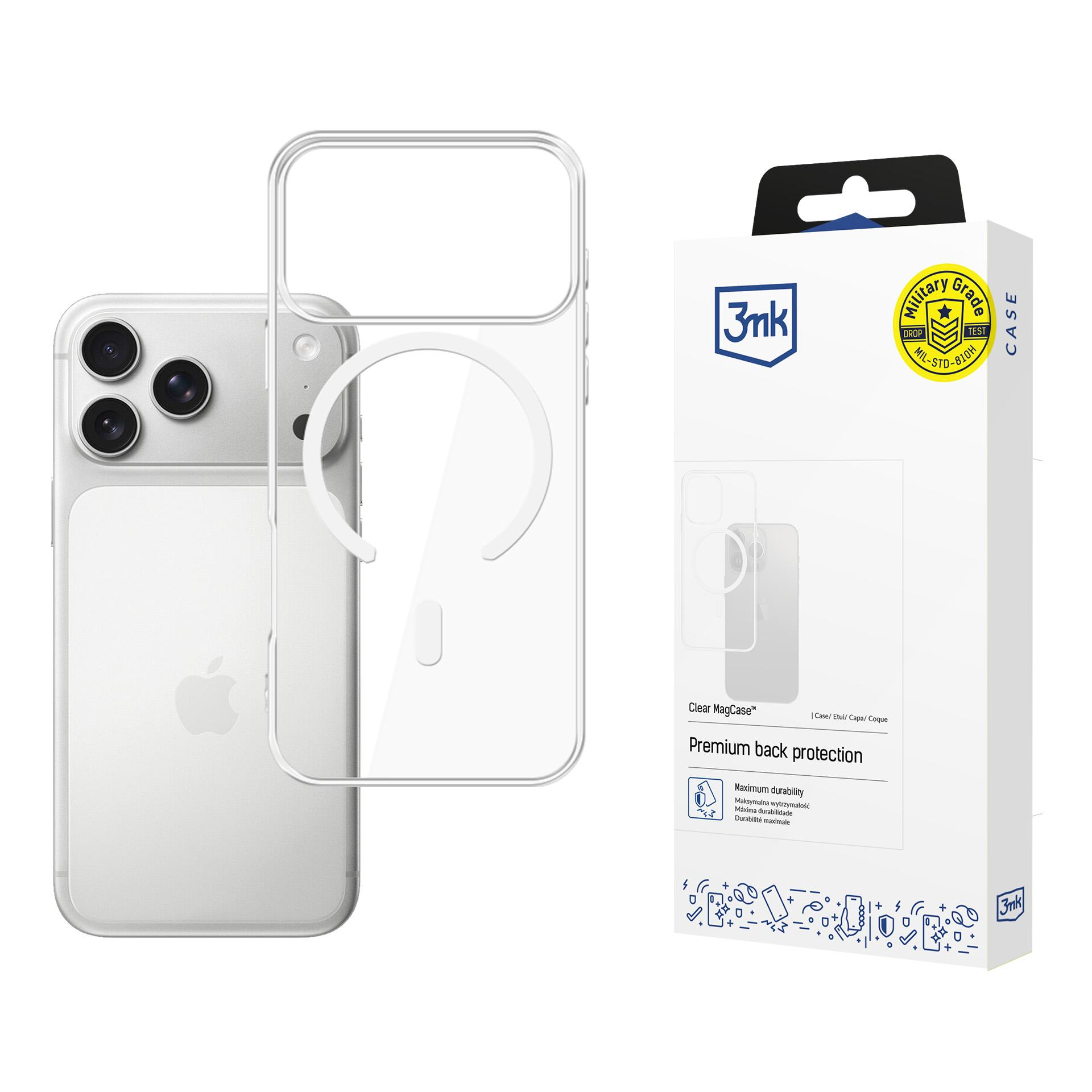Przezroczyste etui na telefon z telefonem w środku. Etui jest na białym pudełku z tekstem i logo.