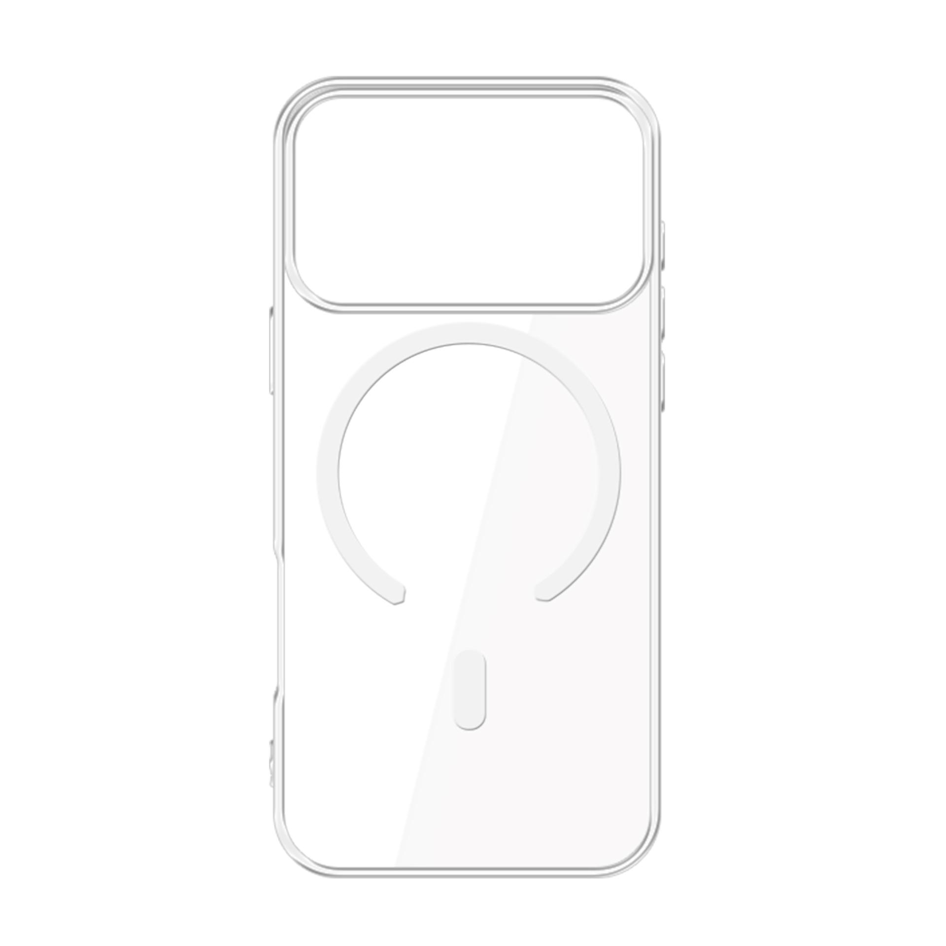 Przezroczyste etui na telefon. Jest prostokątne z zaokrąglonymi rogami. Ma wycięcie na aparat i pierścień magnetyczny.