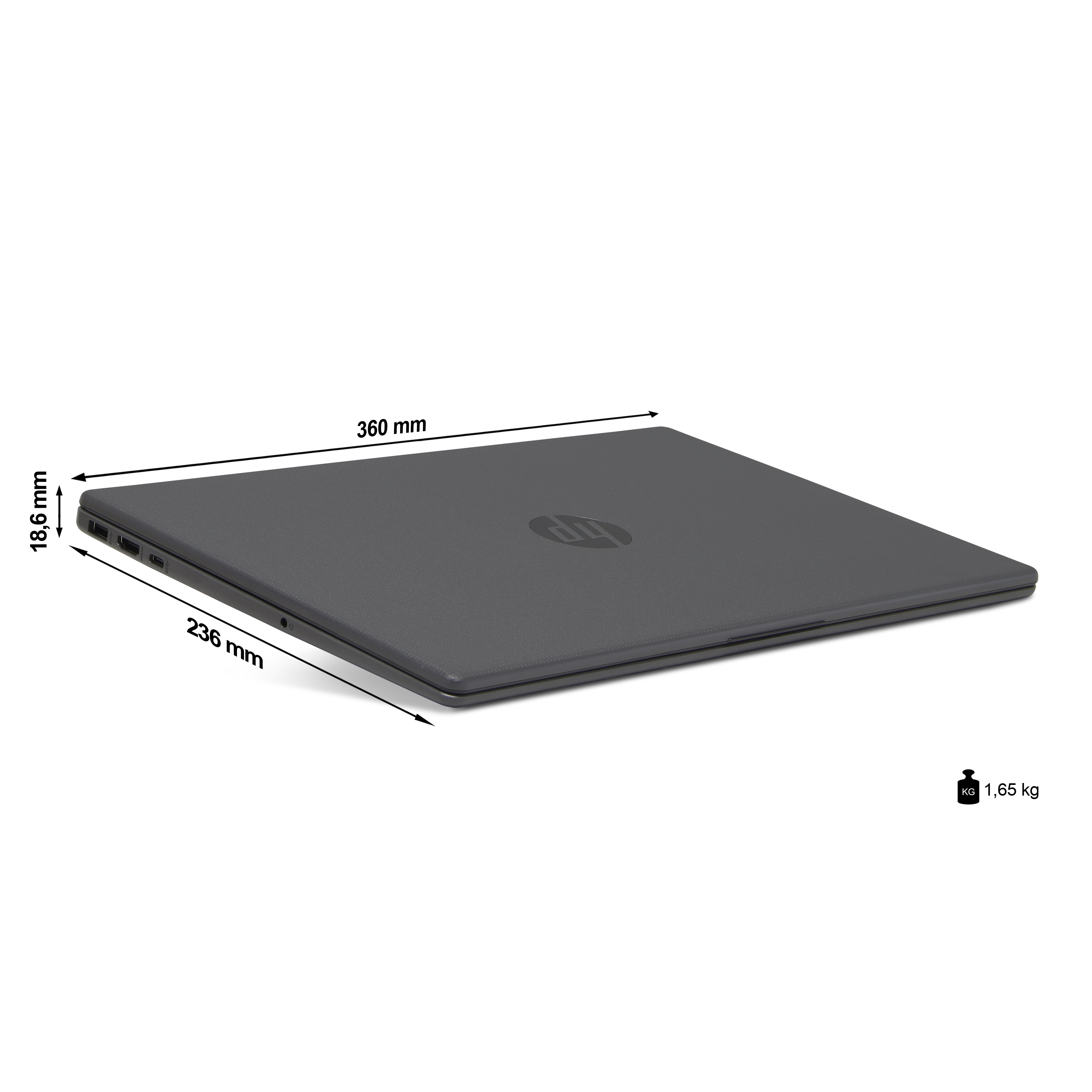 Un portátil HP gris cerrado con dimensiones etiquetadas. Pesa 1,65 kg. El logotipo de HP es visible.
