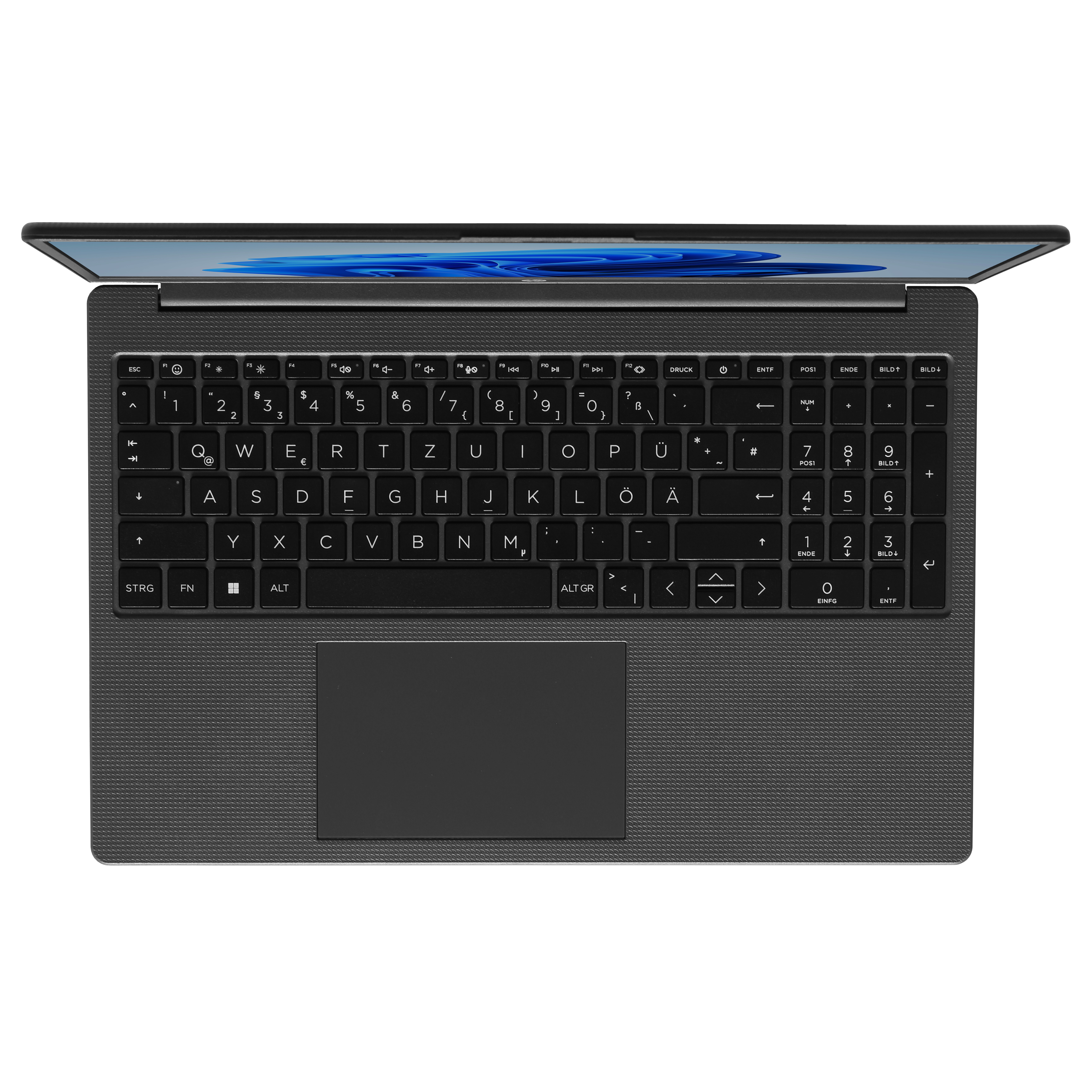 Vista superior de un portátil con la pantalla abierta que muestra un diseño abstracto azul y blanco y teclado negro.
