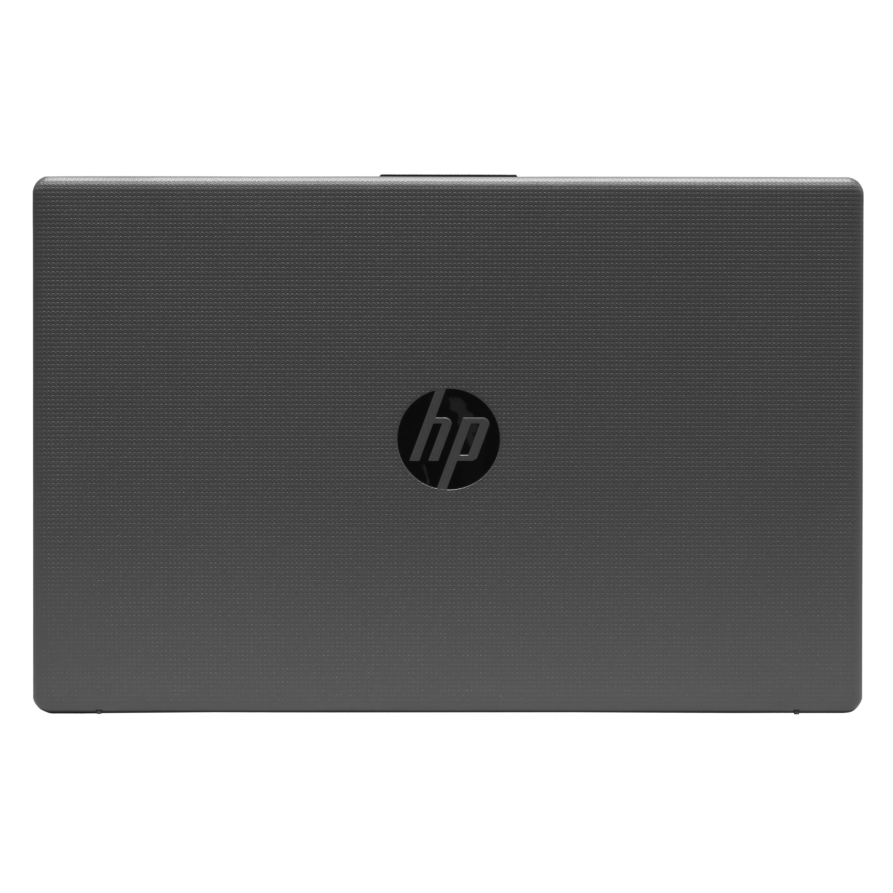 Tapa de portátil gris oscuro con superficie texturizada. El logotipo de HP está en el centro.