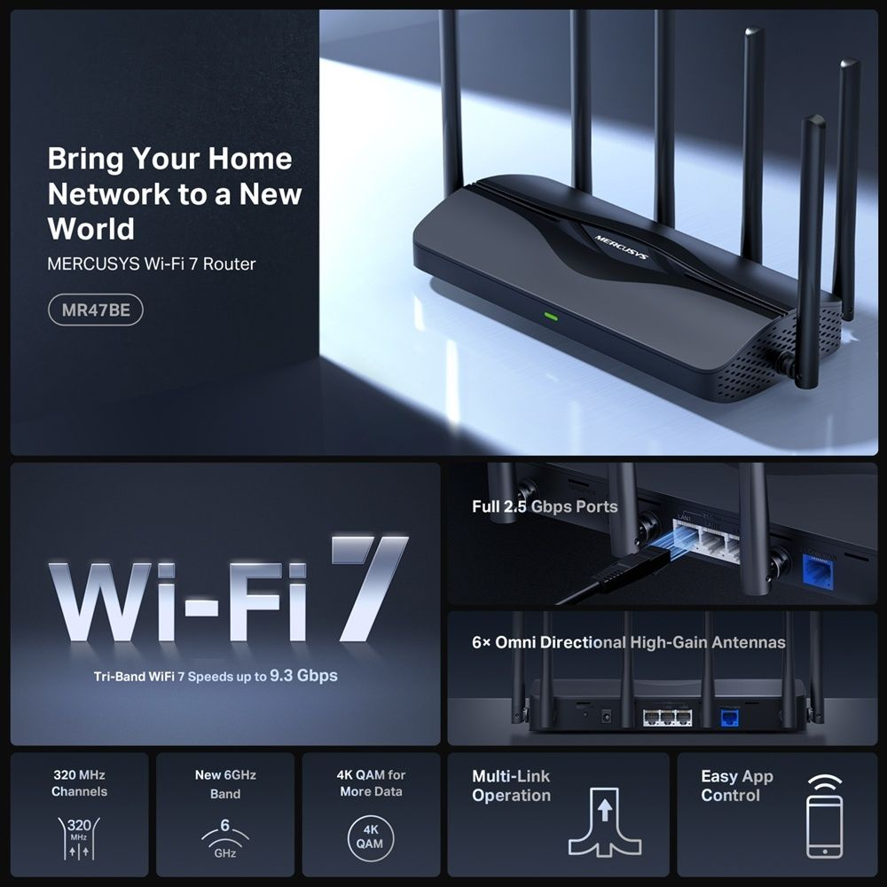 Czarny router Wi-Fi 7 Mercusys z antenami. Posiada wiele portów i jest reklamowany jako trójpasmowy z antenami o wysokim zysku.