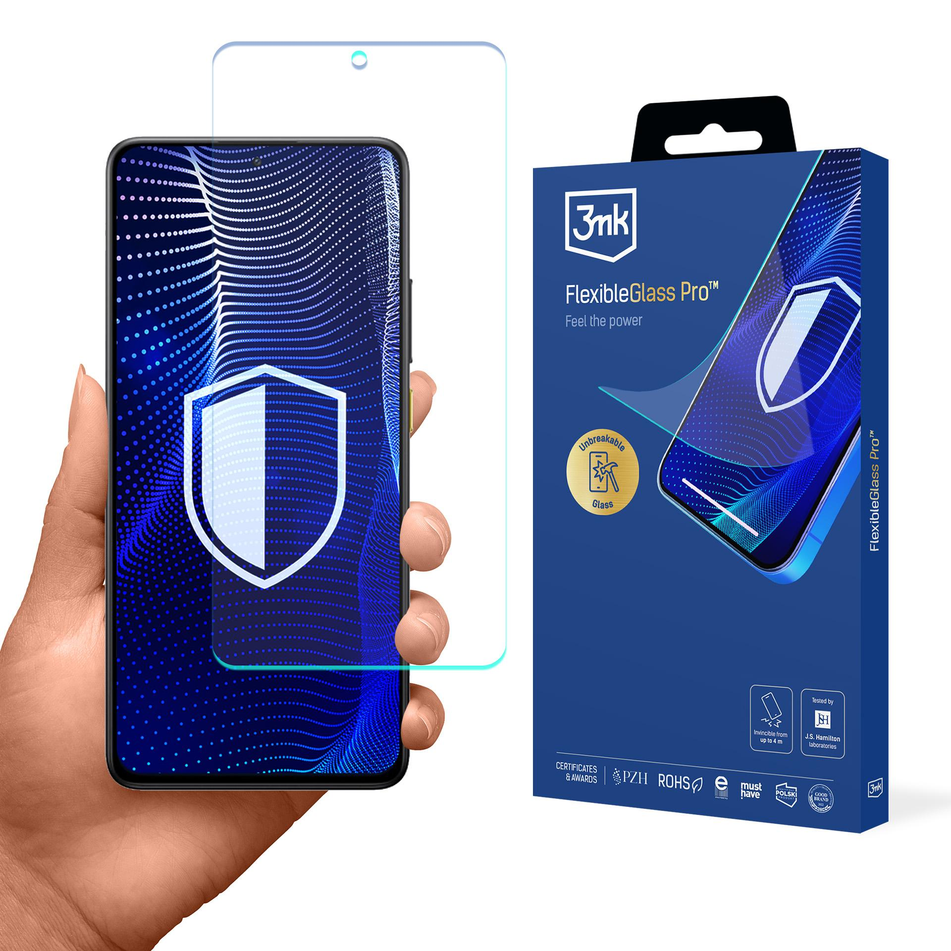 Mano che tiene un telefono con protezione schermo. Scatola con testo 'FlexibleGlass Pro' e illustrazione telefono.