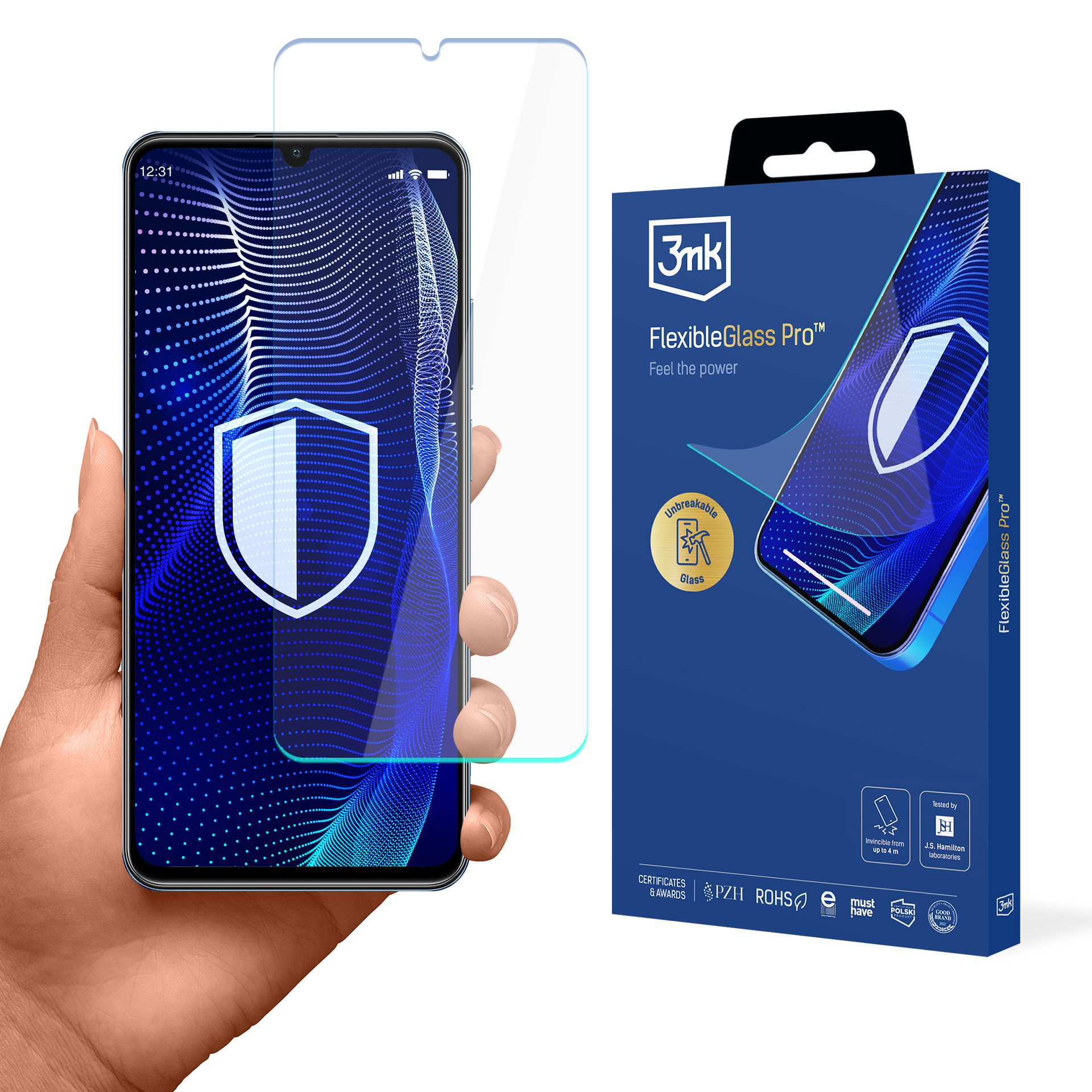 Ręka trzymająca telefon z osłoną ekranu. Obok znajduje się pudełko produktu. Marka to 3mk.