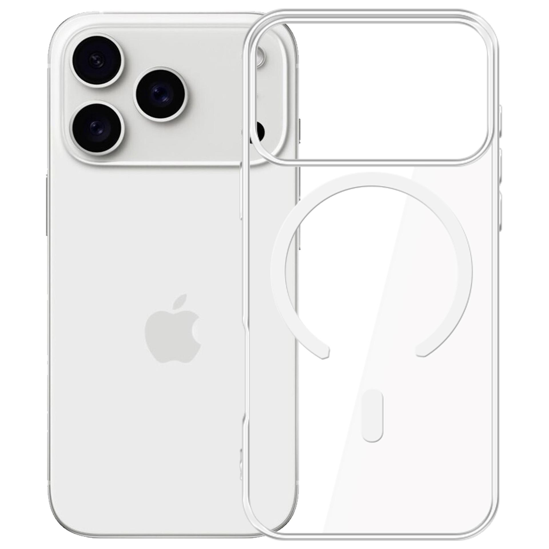 Biały iPhone z przezroczystym etui, z trzema tylnymi aparatami. Etui ma konstrukcję MagSafe.
