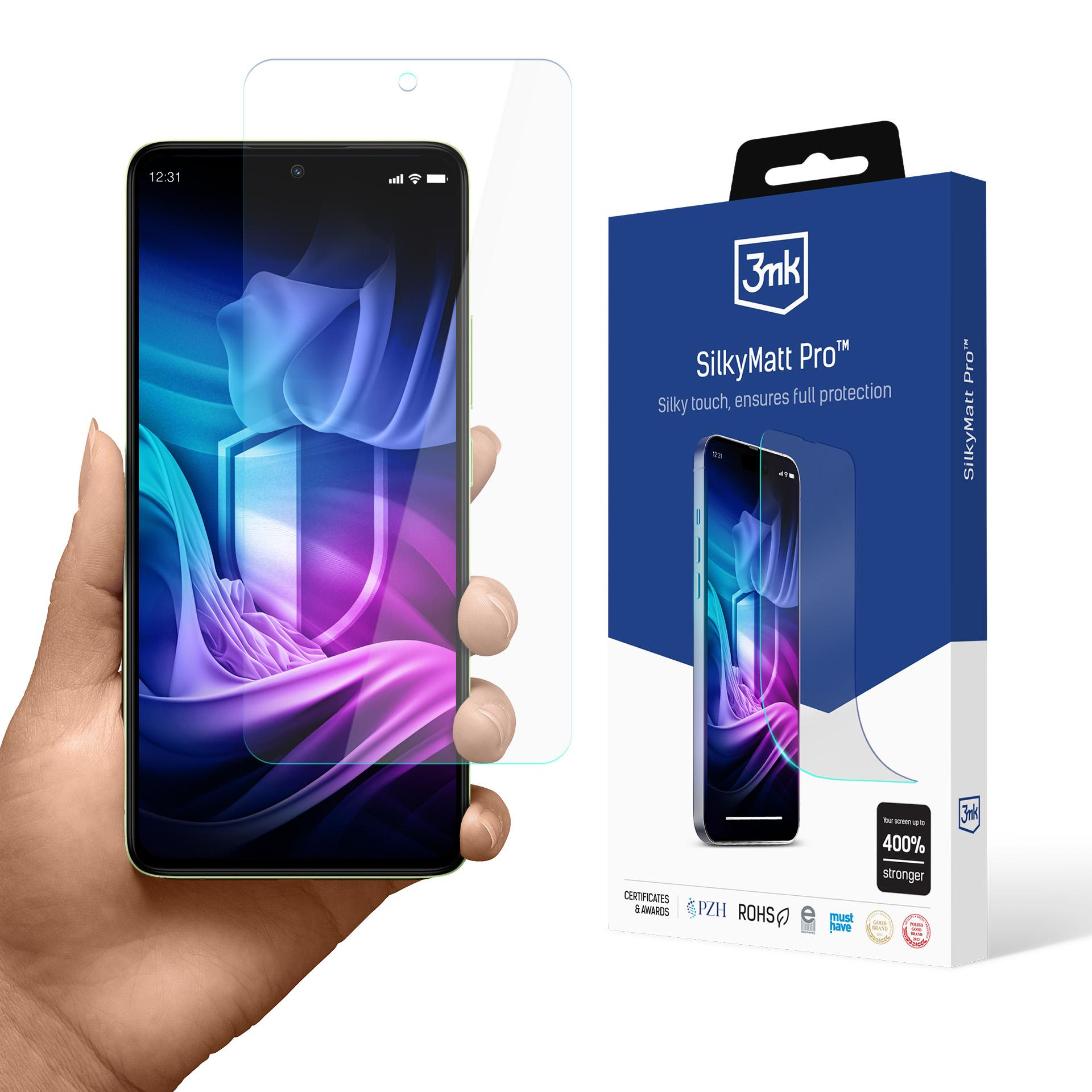 Una mano tiene un telefono con una protezione per lo schermo. A destra, una scatola con il logo '3nk'.