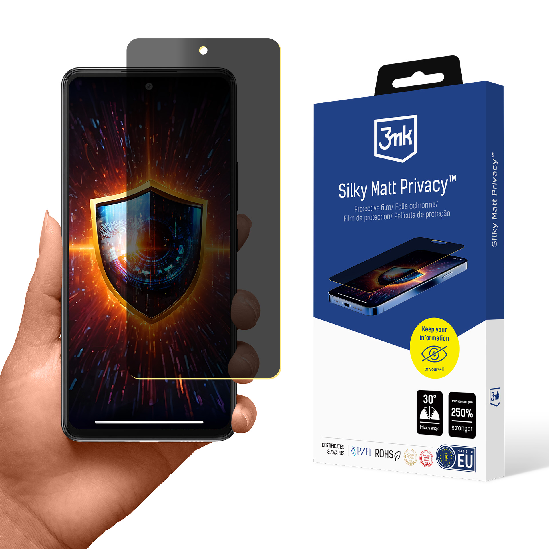 Mano che tiene un telefono con schermo privacy. Sulla destra, una confezione del prodotto con telefono e marchio.