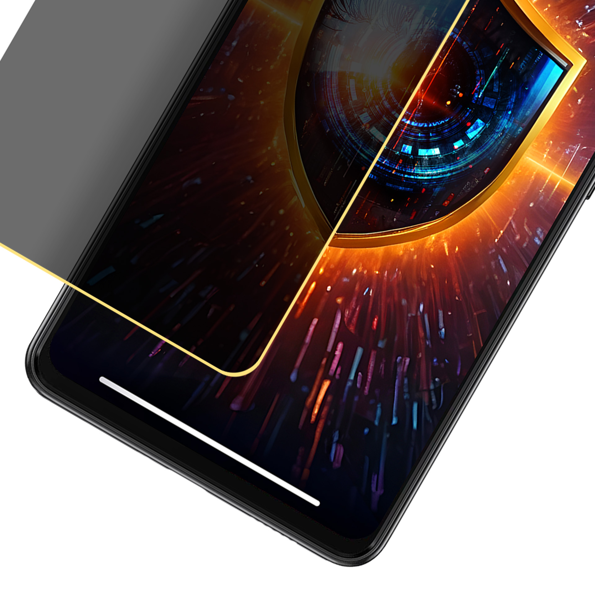 Schermo di smartphone con design a occhio luminoso. Bordo dorato, telefono nero e sovrapposizione grigia. Sfondo astratto.